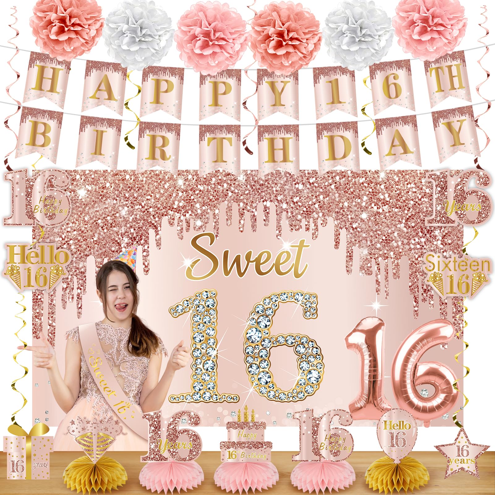 Turypaty Happy 16th Birthday Decorations Kit for Girls, 21Pcs Pink Rose Gold Happy 16th Birthday Banner Backdrop Balloons Sash Table Toppers Honeycomb