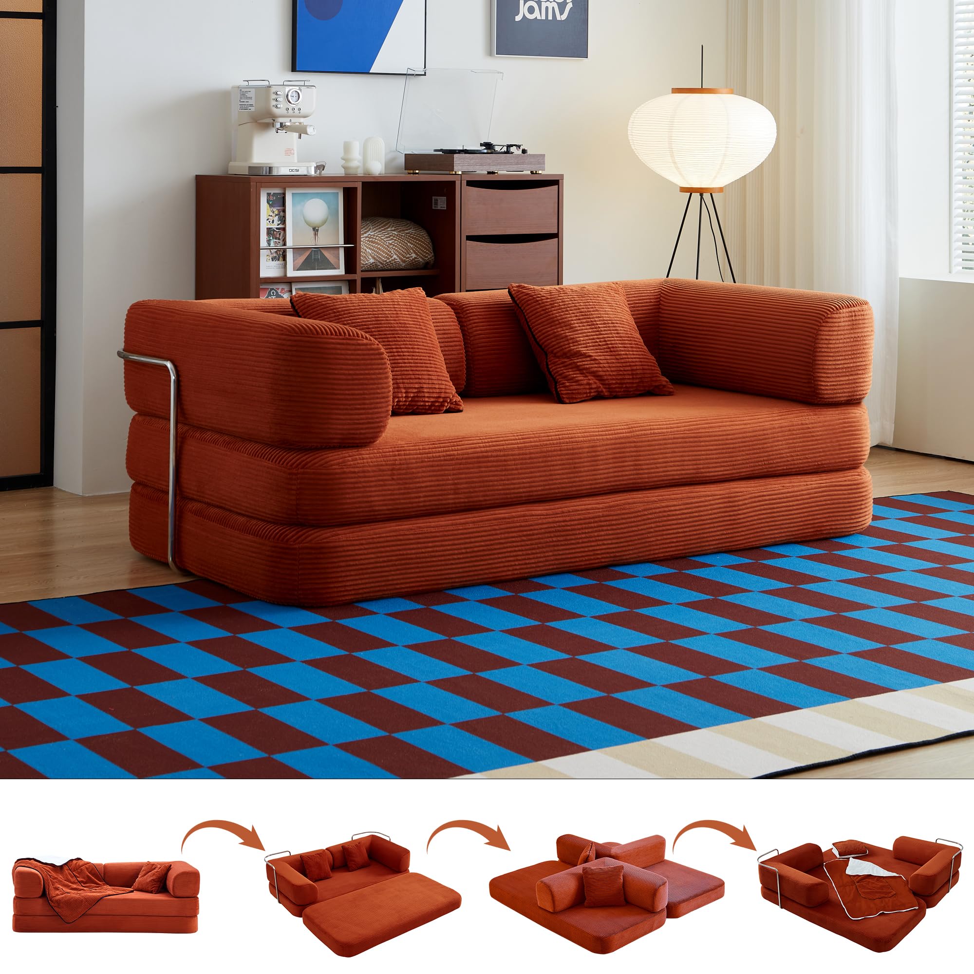 KEIKI 75" Modern Floor Sofa Bed with Convertible Blanket Pillow,Enhanced Frame Stability,Compressed Couch for Living Room