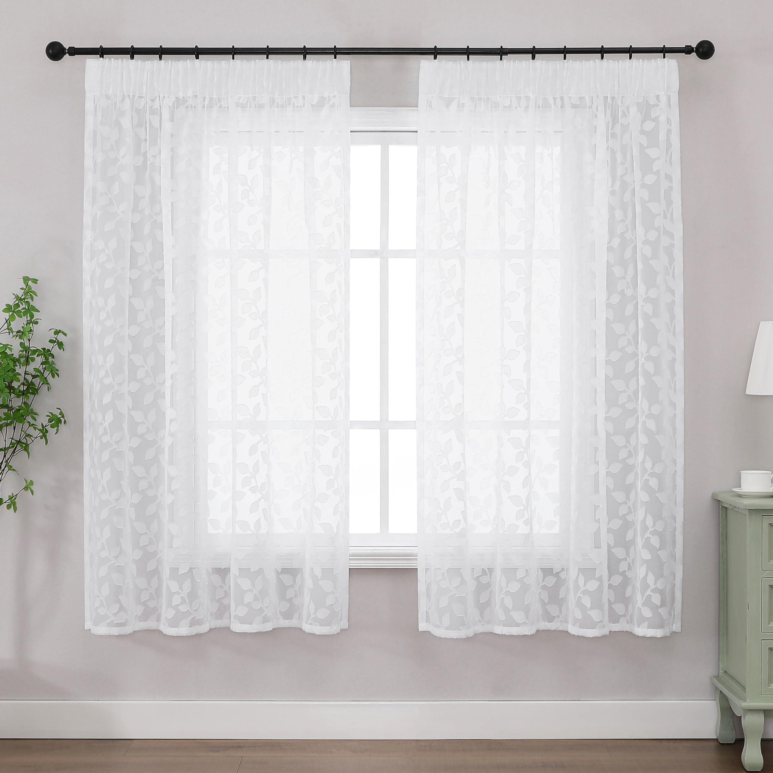 Simplebrand White Sheer Curtains Charlton Leaf 2 Panels W140 x L163cm, Clip Jacquard Pencil Pleat Drapes, Semi-Sheer Curtains for Bedroom Guest Room Windows, Soft Elegant Decorative All Season
