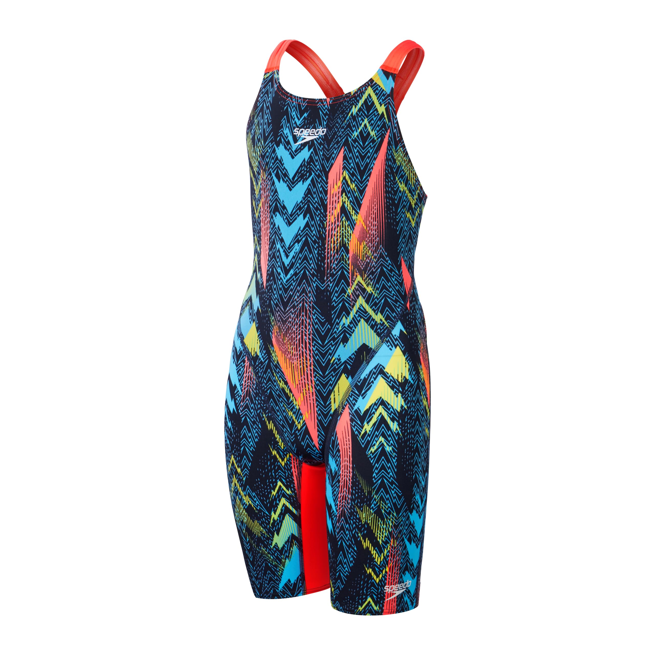 Speedo Fastskin Junior Endurance+ Max Kniehaut-Badeanzug für Mädchen, offener Rücken, Blau / Rot