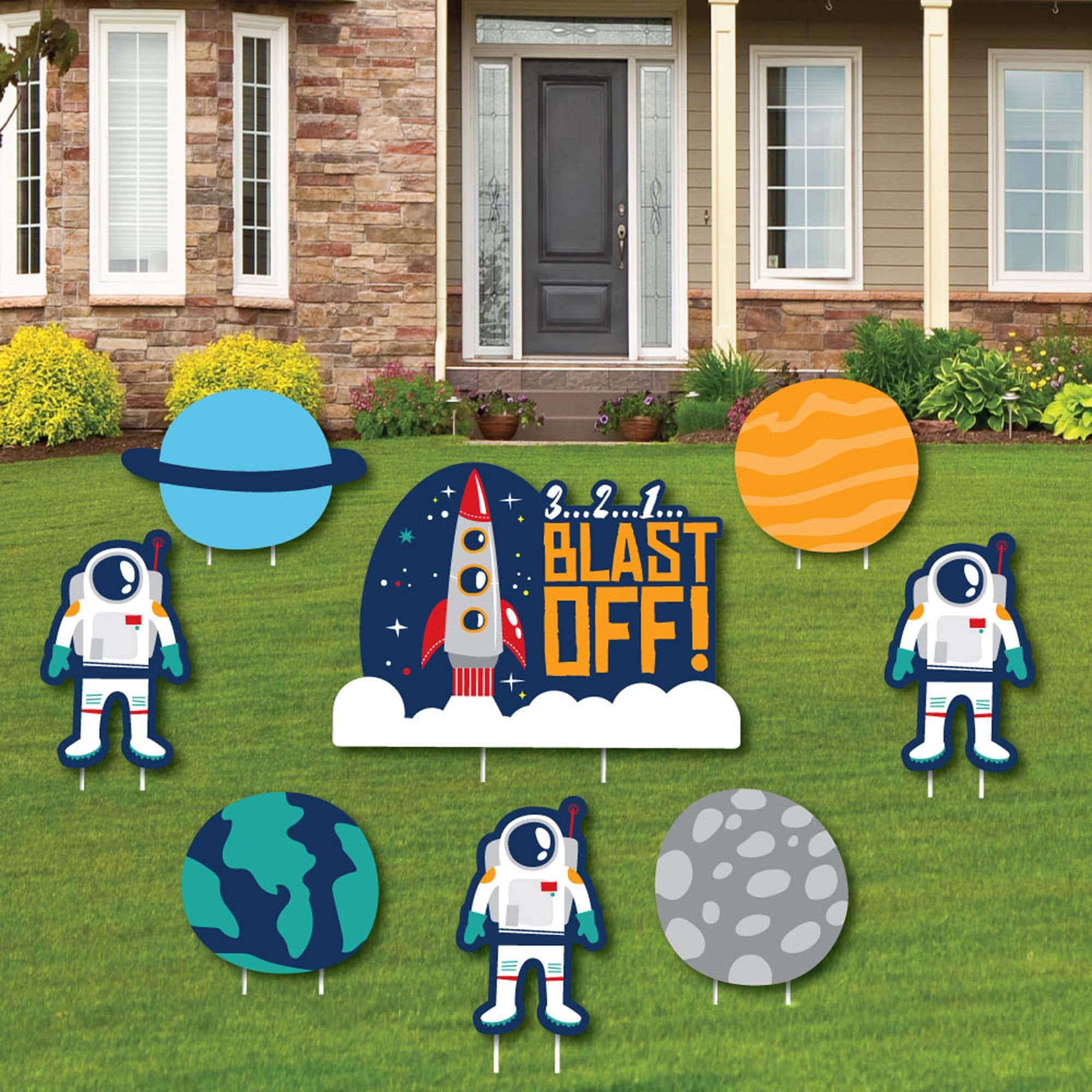 Big Dot of Happiness Blast Off to Outer Space - Yard Sign and Outdoor Lawn Decorations - Rocket Ship Baby Shower or Birthday Party - Set of 8