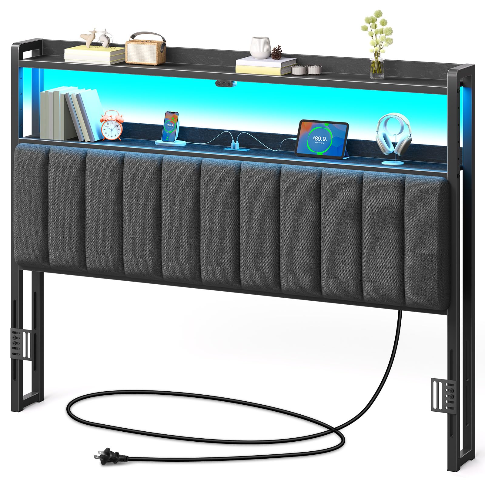 Rolanstar Headboard for Queen Size Bed with Storage, 60,000 DIY Color of LED Light, Head Board with USB & Type C Port, Height Adjustable, Black Upholstered Cabeceras de Cama Comfortable Modern, Linen