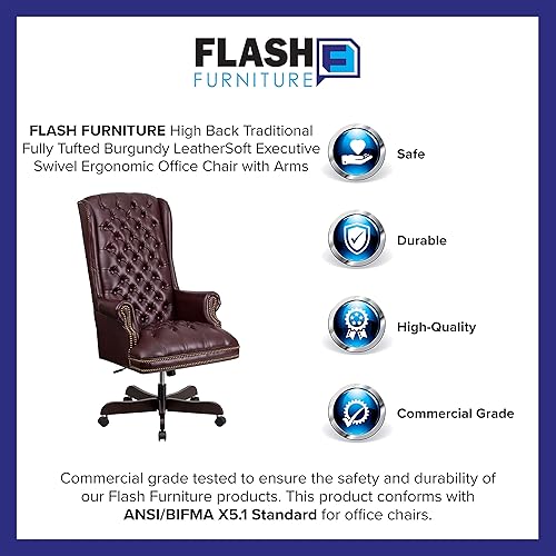 Miniatura 21 de Flash Furniture Silla de oficina ergonómica giratoria ejecutiva de LeatherSoft con respaldo alto tradicional totalmente copetudo negro con brazos