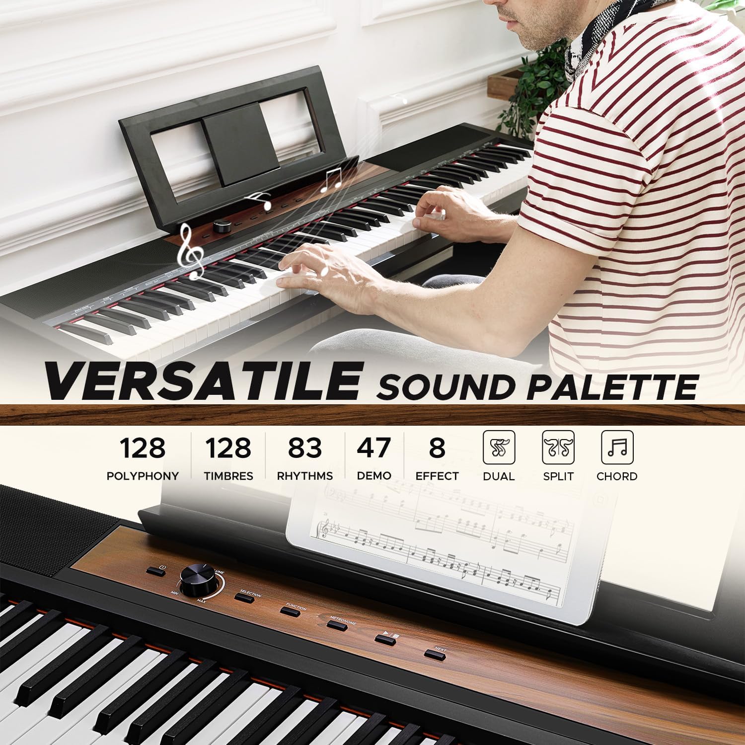 Control panel of the Starfavor SP-15SW digital piano showing various sound options and features.