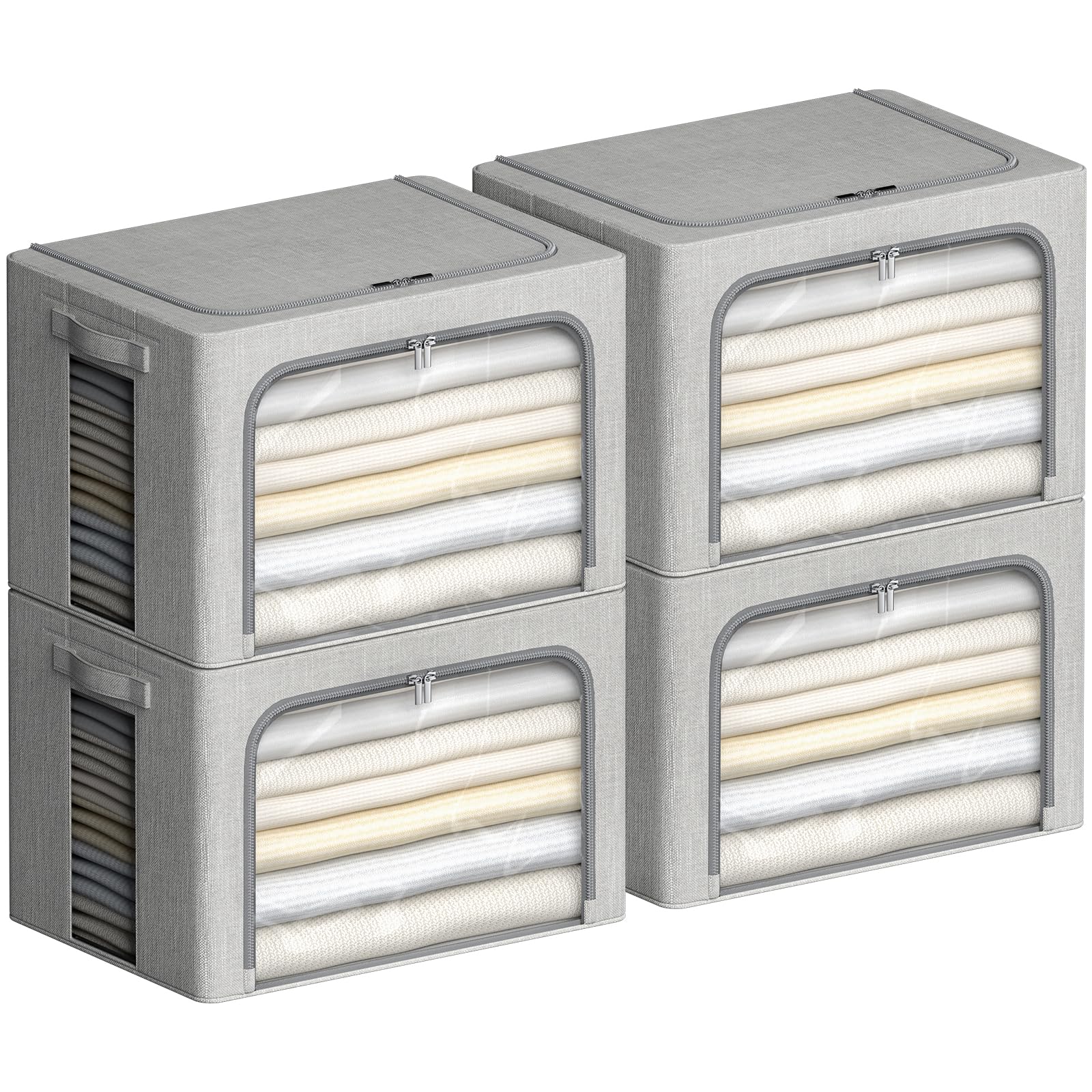 Kleideraufbewahrungsbehälter mit Metallrahmen, Leinenstoff, faltbar, stapelbar, Organizer-Set mit transparentem Fenster, Tragegriffen und Reißverschlüssen, Hellgrau, 59,9 x 41,9 x 39,9 cm, 4 Stück