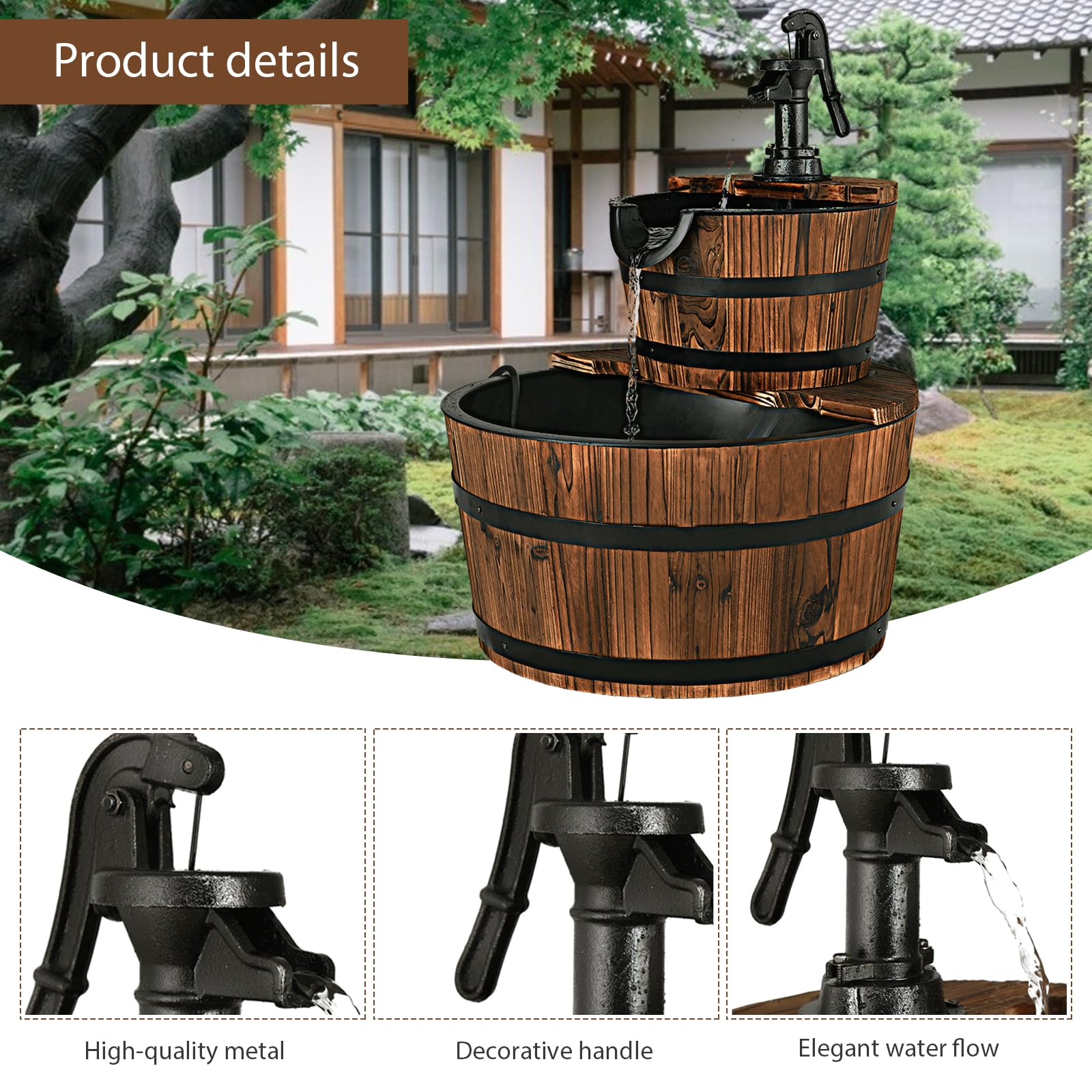 SOARS Fontana da giardino a 2 livelli, con pompa dell'acqua e flusso d'acqua regolabile, fontana d'acqua di design in legno, fontana da esterno, decorazione da giardino per balcone, terrazza (marrone)