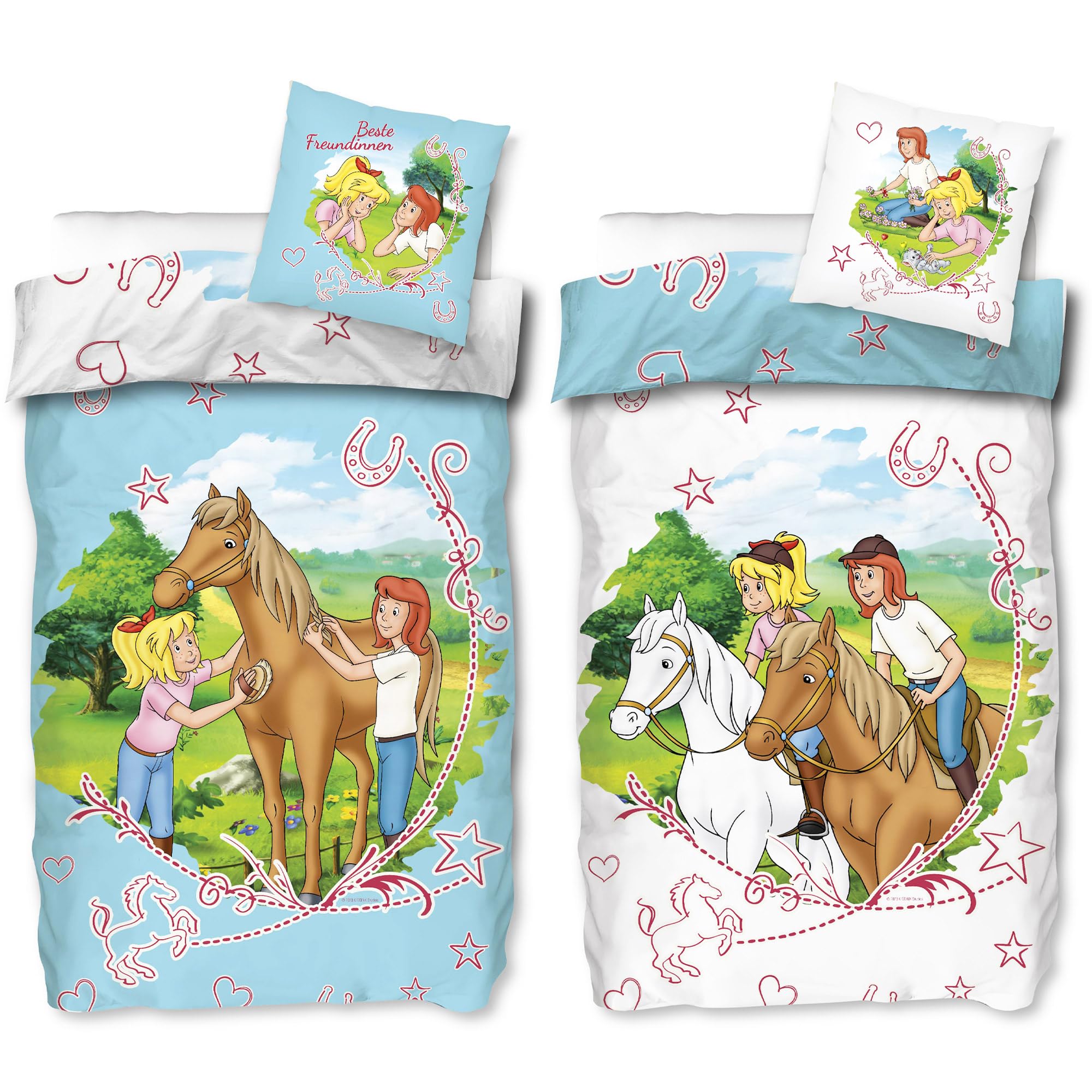 BERONAGE Bibi und Tina Kinder-Bettwäsche Sternenzauber Blau 135 x 200 + 80 x 80 cm 100% Baumwolle Biber-Flanell-Qualität Blocksberg Pferde-Bettwäsche Sabrina Amadeus Martinshof mit Reißverschluss