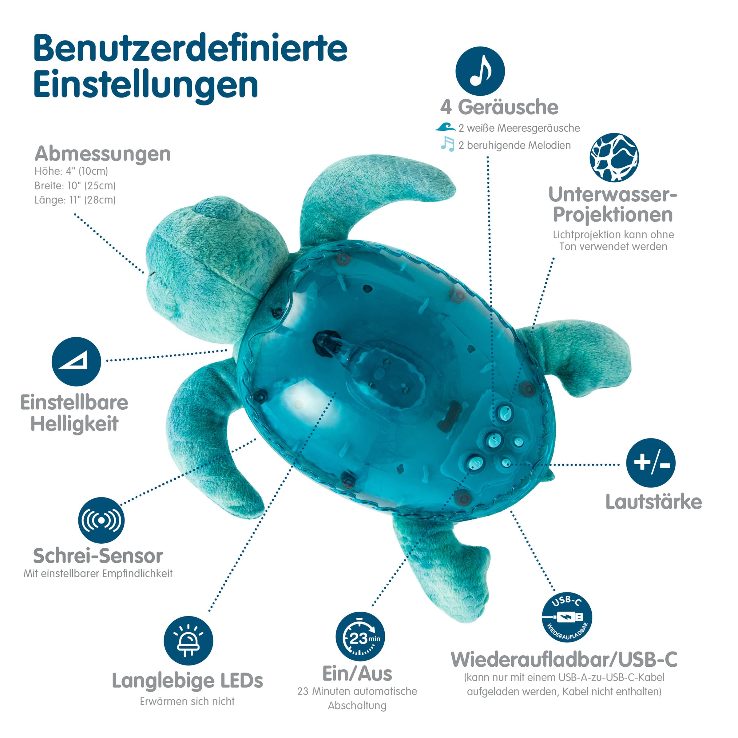 Cloud b | Nachtlicht mit Musik | Unterwasserprojektionen | 4 beruhigende Geräusche | Helligkeit einstellbar | Timer & Tränenmelder | Recyceltes Gewebe | Tranquil Turtle Rechargeable Aqua
