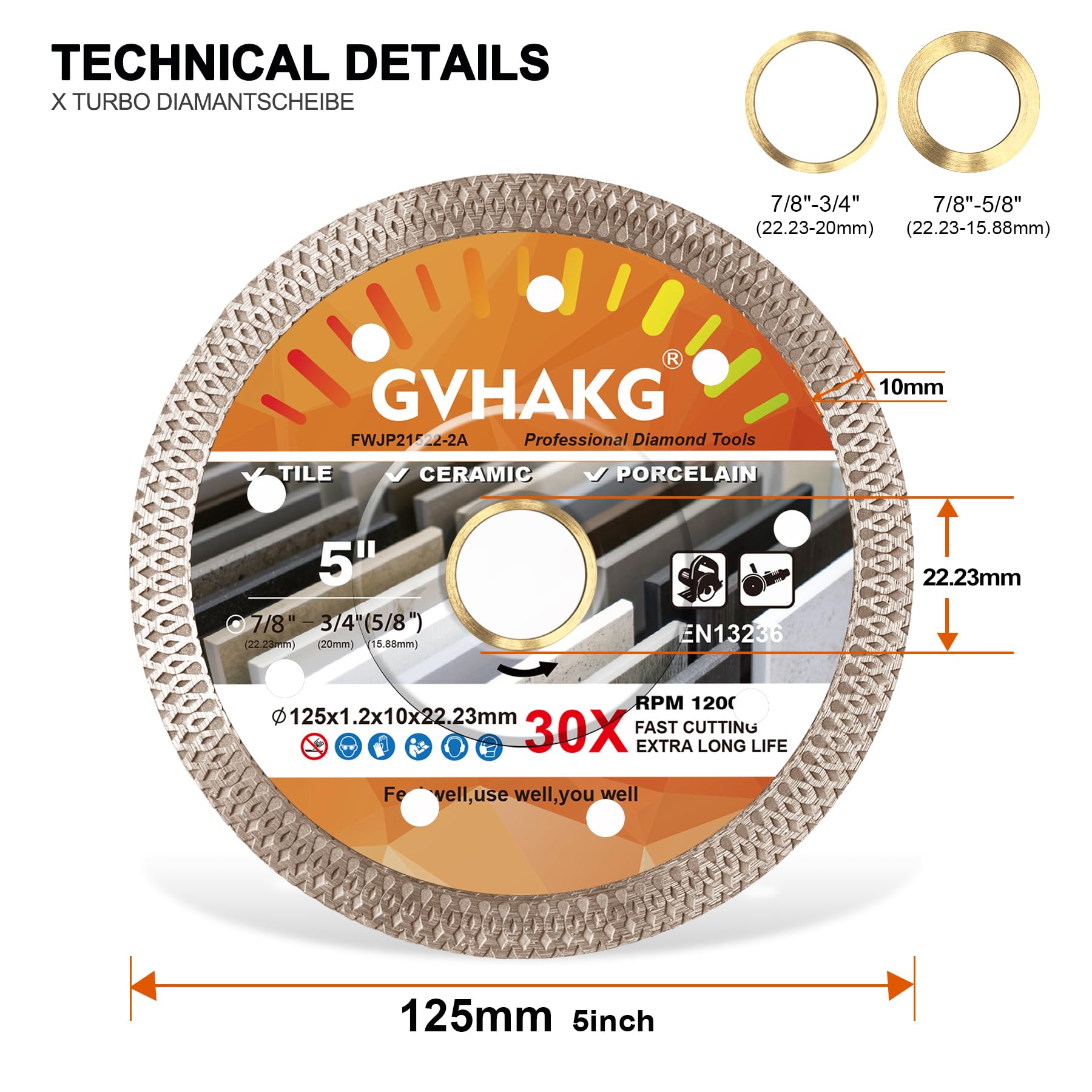 GVHAKG Diamantdoorslijpschijf, 125 mm, extra dun, voor