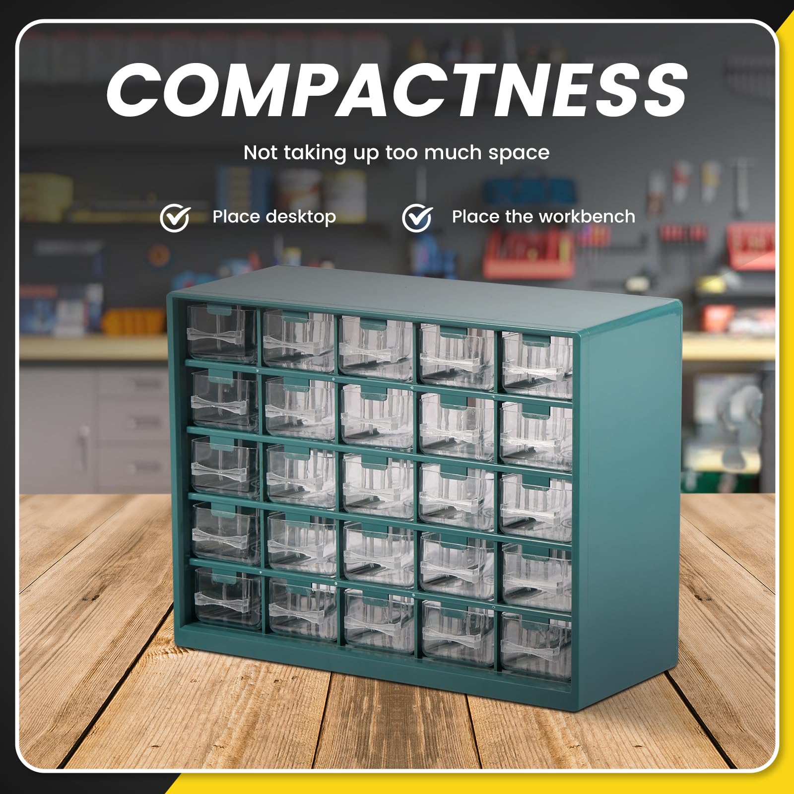 Organizador de almacenamiento de hardware de 25 compartimentos visible, organizador de tornillos de 25 cajones, gabinete para garaje, cobertizo, caja de herramientas de bricolaje, cajón de plástico