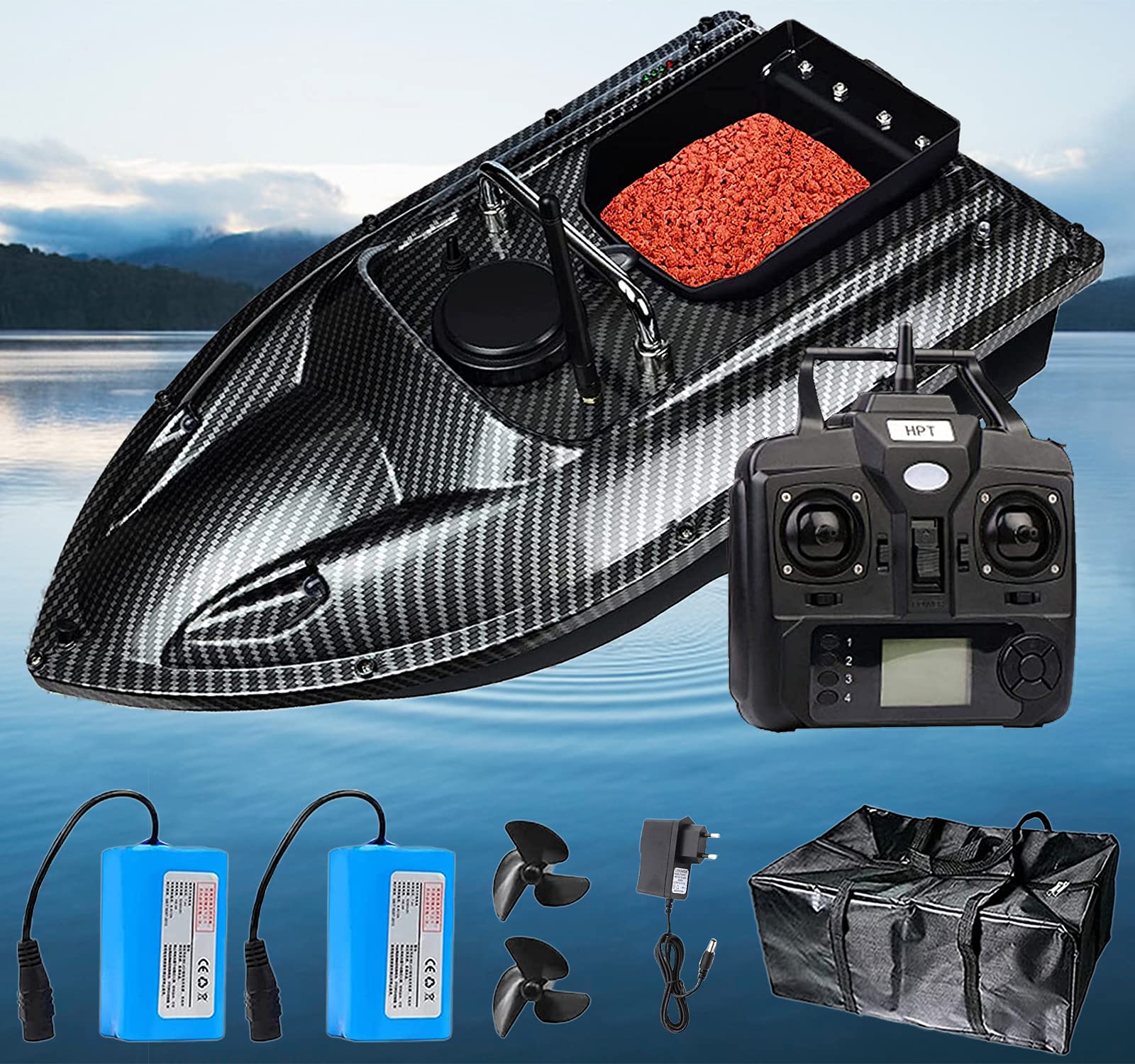 Barco de Cebo de Pesca RC de 500 m, Barco de Cebo de Control Remoto Inteligente para Pesca de Carpas, con Motores duales y luz Nocturna LED (D)