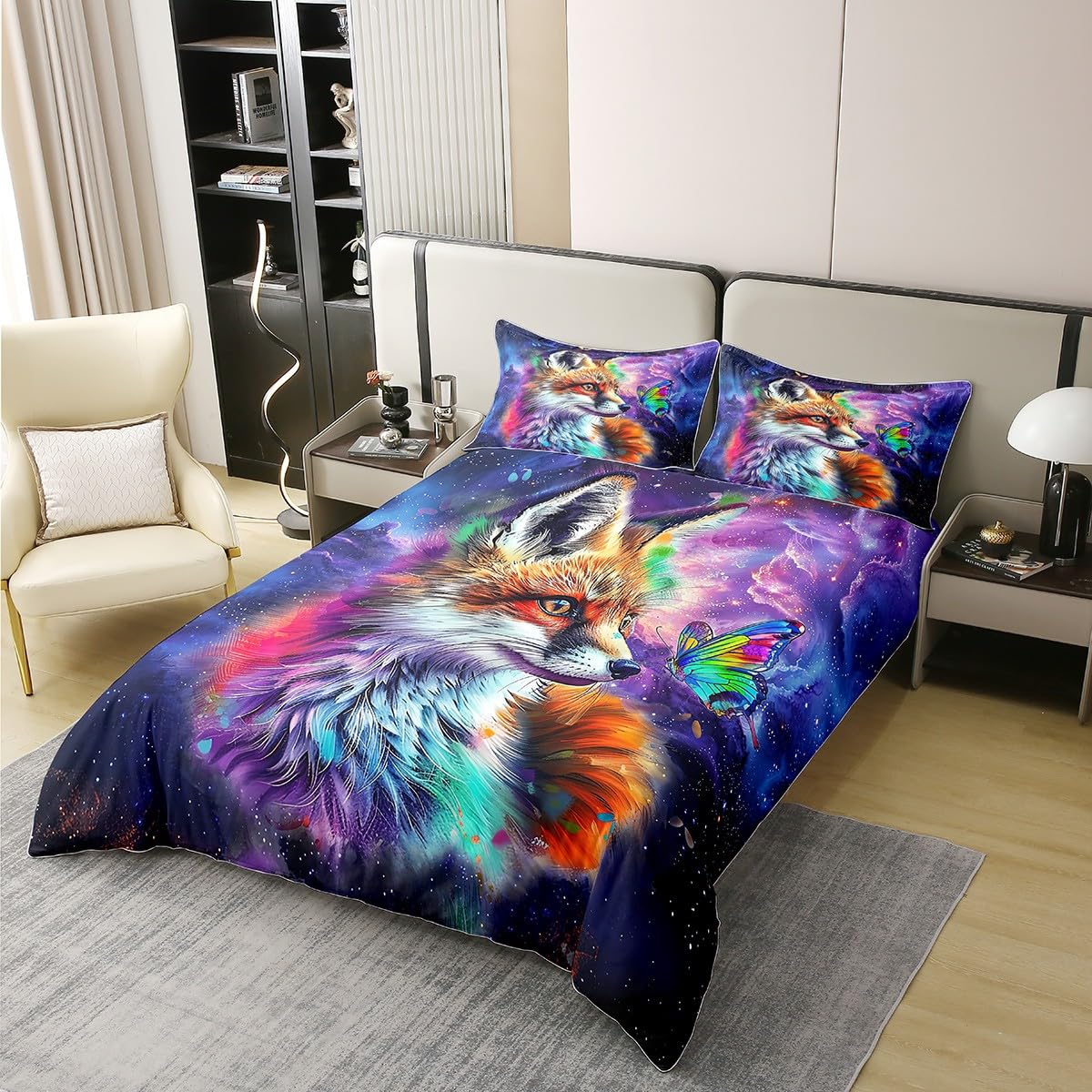 Erosebridal Fox Comforter Cover,Hand Drawn Kawaii Fox 100% Cotton Queen Duvet Cover,Cartoon Graffiti Spatter Quilt Cover for Kids Girls Bedroom Decor,Rainbow Wild Butterfly Bedspread Cover,Purple