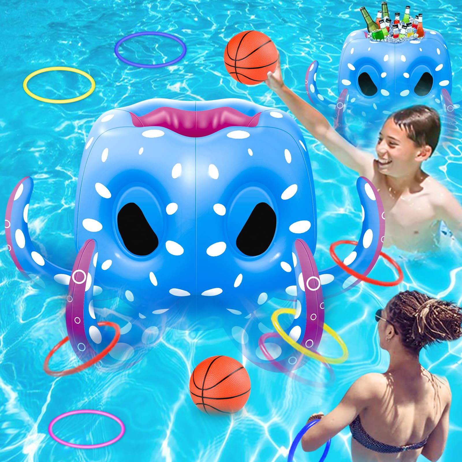 BLOOLILIES Octopus Pool Toys for Kids Ages 4-8, 2-in-1 Inflatable Pool Floats Basketball Hoop & Ring Toss Water Games for Indoor & Outdoor Pool, Beach, Backyard- Best Summer Gift for Boys Girls