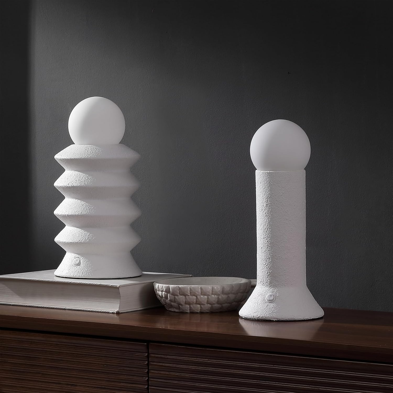 JONATHAN Y 13" White Modern Scandinavian Ceramic Integrated LED Table Lamp Set of 2, Geometric Minimalist Lamps with Frosted Glass Globe Shade for Bedroom, Living Room JYL5700A-2SET