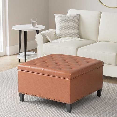 Miniatura 2 de Homebeez Banco otomano de almacenamiento de piel sintética, reposapiés cuadrado para mesa de centro con patas de madera para sala de estar (marrón