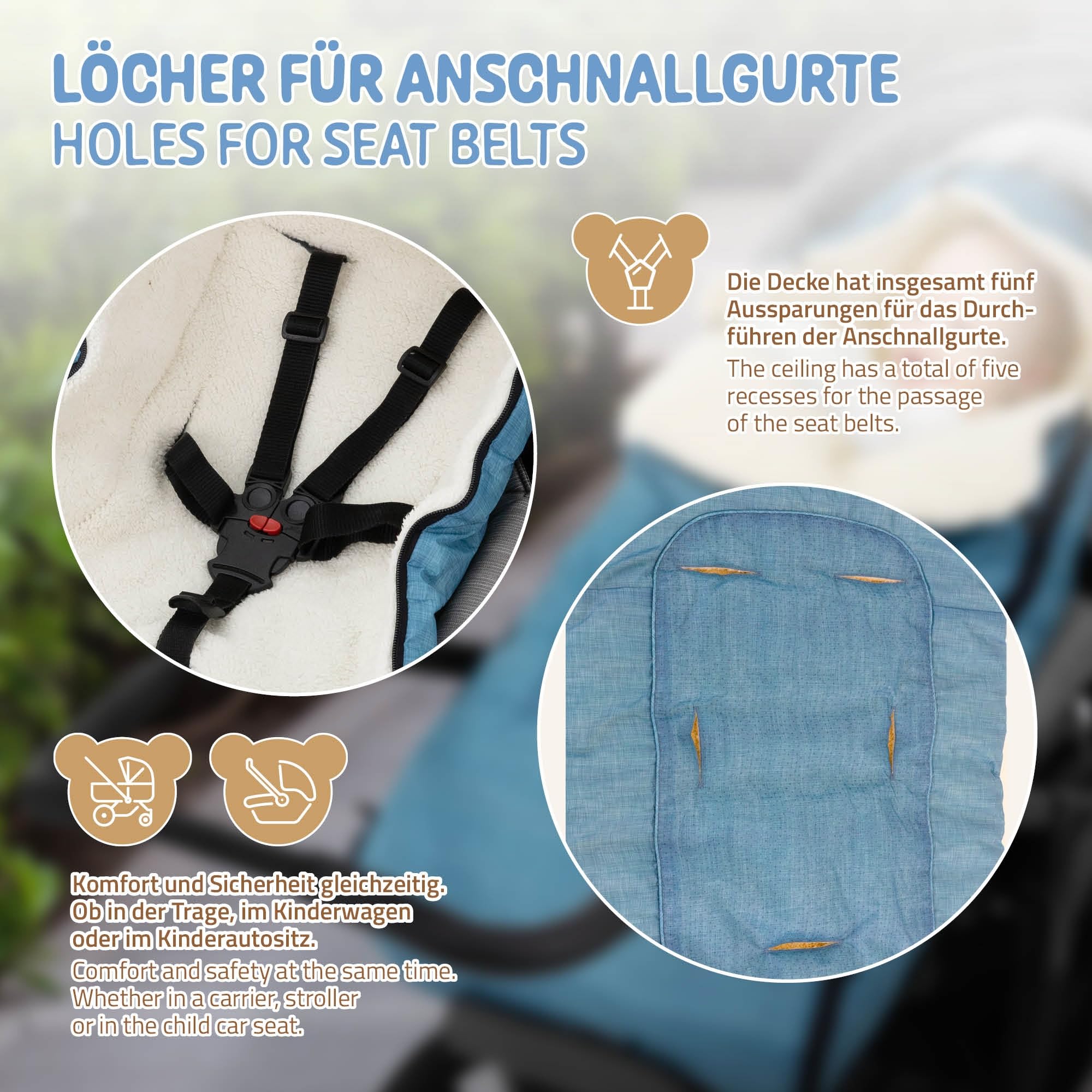 Joyz Saco Cubrepiés para Bebé Manta Capazo Azul Vaquero Poliéster 94x48x10 cm Forro Cálido para Invierno Universal Reposacabezas y Cremallera para Cochecito/Silla de Paseo con Aberturas para Cinturón