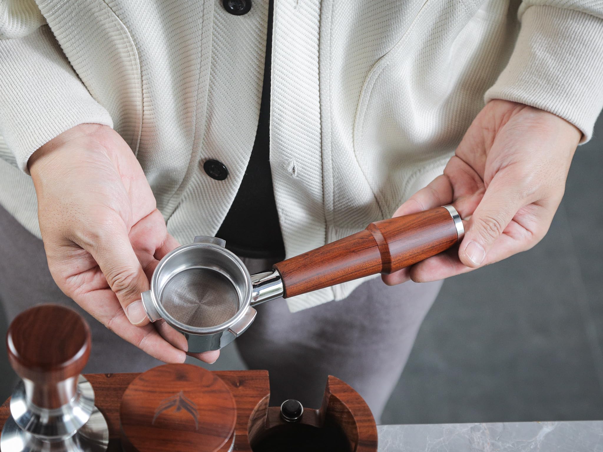 54mm bottomless portafilter breville compatible rosewood handle & naked 18-21 gram filter basket included fits barista express, pro, touch, bambino plus, infuser, duo temp pro impress