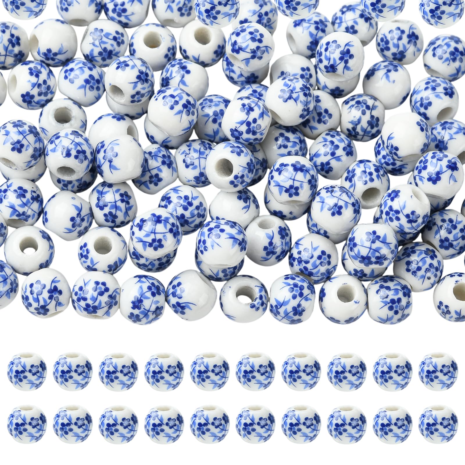 WEWAYSMILE 100Pcs 8mm Flower Ceramic Beads for Jewelry Making Blue Flower Printed Porcelain Beads Handmade Bright Glazed Round Spacer Bead for DIY Bracelets Necklace Earrings Crafts