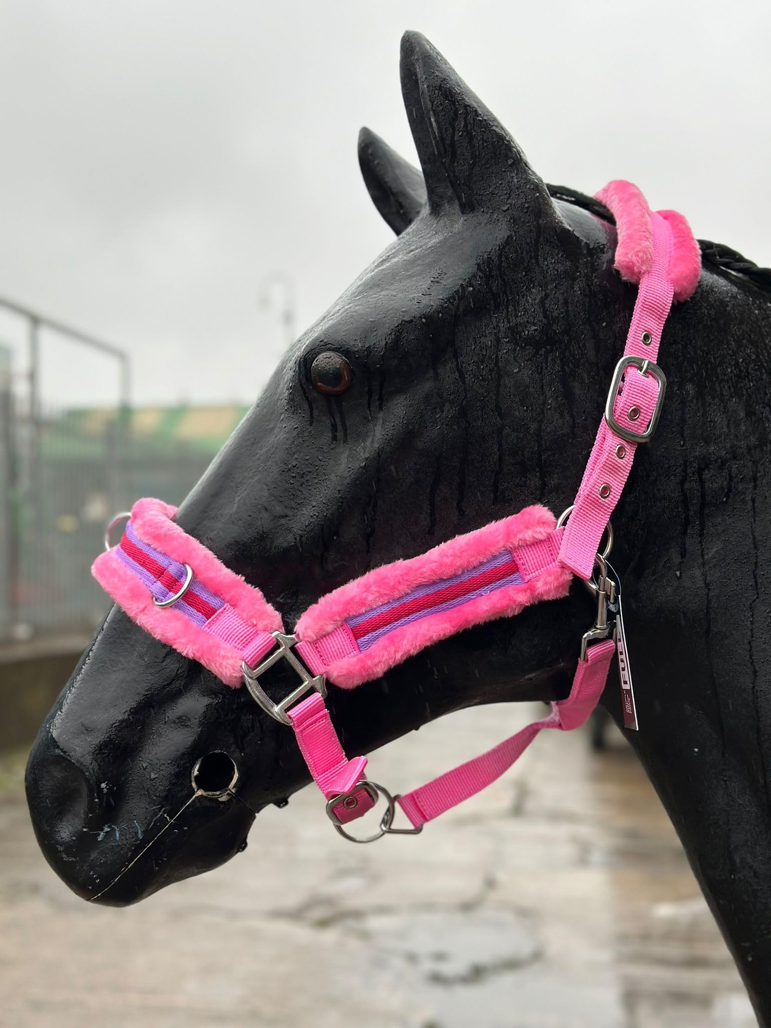 Horse Training Cavesson with Adjustable Noseband and Fake Fur Lining (Pink, Full)
