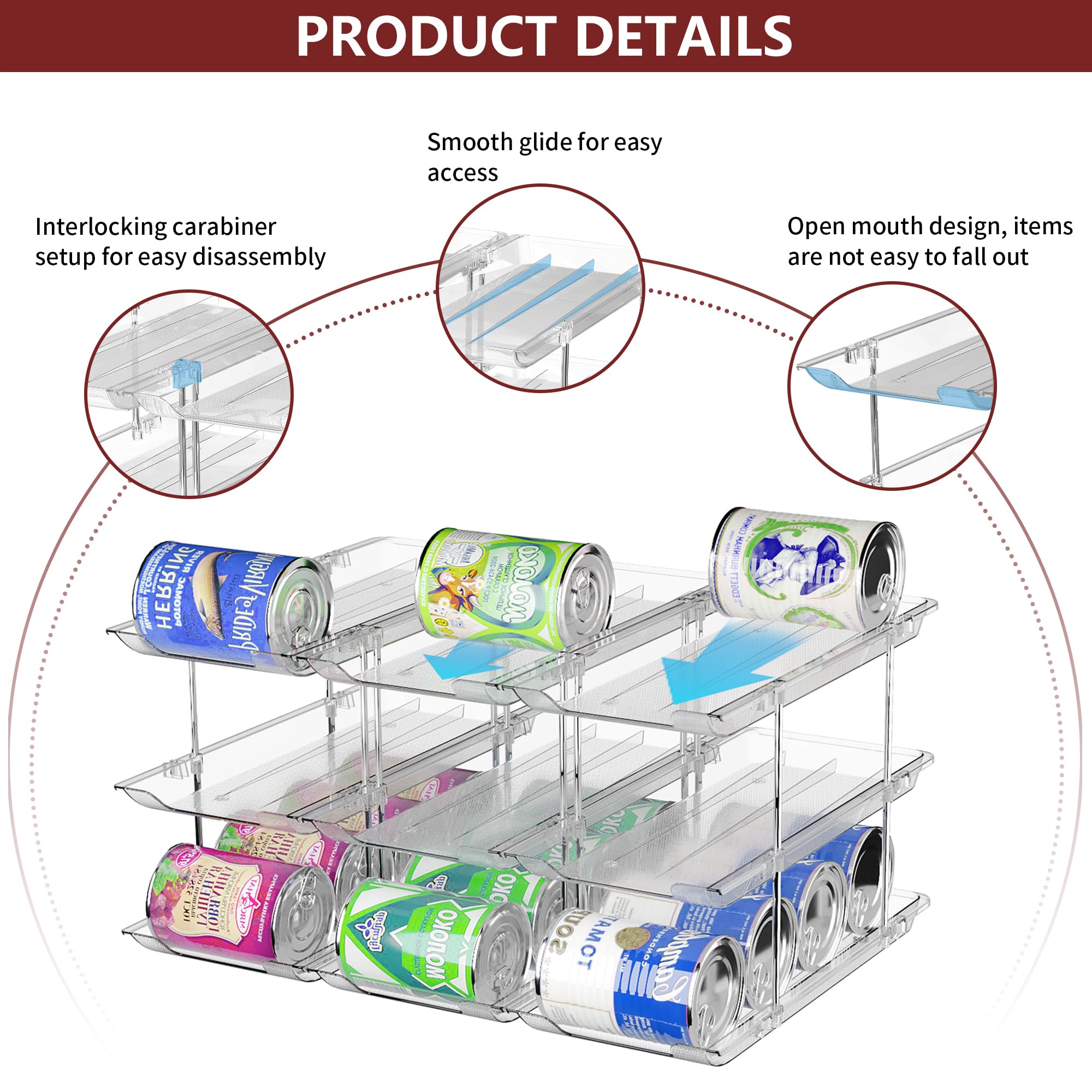 Organizador de latas para despensa, 3 juegos de 4 niveles, organizador de latas de refresco para refrigerador, estante de 36 latas, organizador automático apilable de alimentos enlatados, transparente