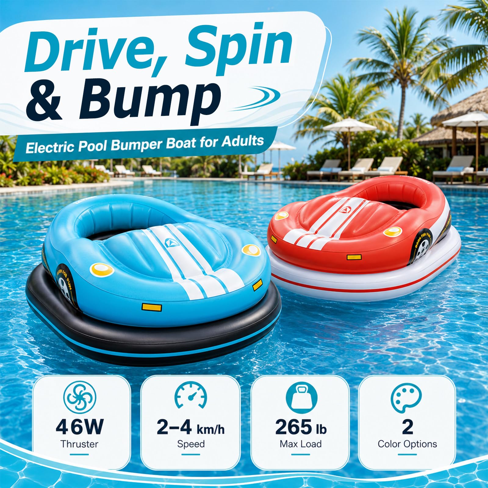 Bateau Bumper Électrique de Piscine, Flotteur Gonflable Motorisé de Piscine Red | Propulseur de 46W, Direction à Joystick 360°, Support de 265 lb pour Adultes, Fêtes de Piscine et Lacs Calmes