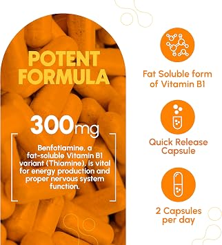 Benfotiamine 300mg - Benfotiamine b1-180 Capsules (3 Months Supply) - Vegan, Non-GMO, Gluten-Free | Vitamin B1 (Thiamine) Derivative Vegan Gluten Free Non-GMO 3 Month Supply Independently 3rd Party Tested