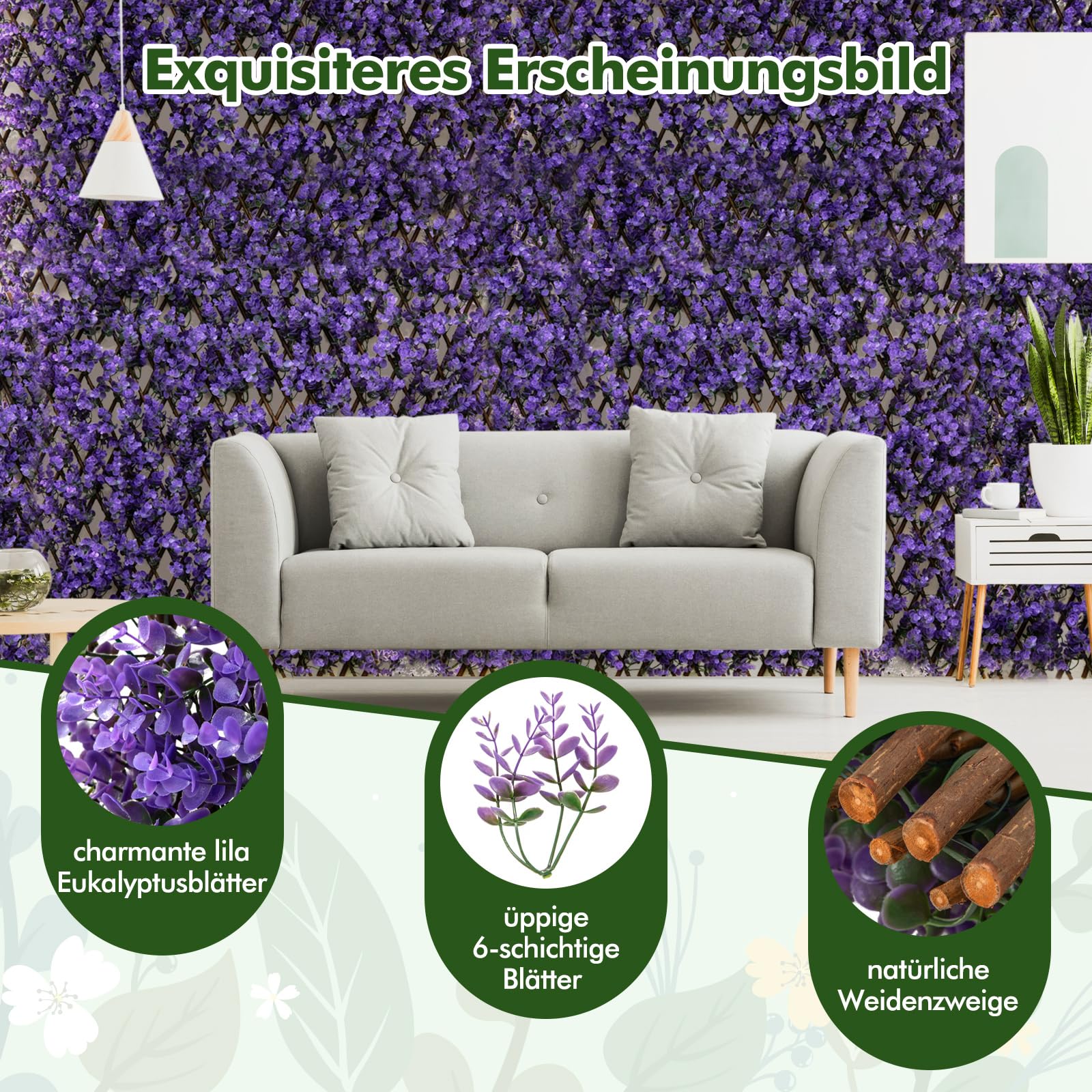 RELAX4LIFE erweiterbare Pflanzenwand, dekorativer Sichtschutzzaun aus künstlichem lila Eucalyptus, sonnenschützende deko Pflanzen Paneele für Garten & Balkon & Hauswand & Terrasen (Lila)