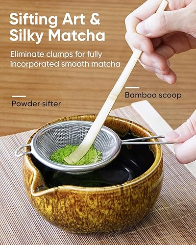 Miniatura 4 de Juego de batidor de matcha, kit de matcha transformado en horno, cuenco de cerámica con boquilla (18 onzas), batidor de bambú, tamiz inoxidable