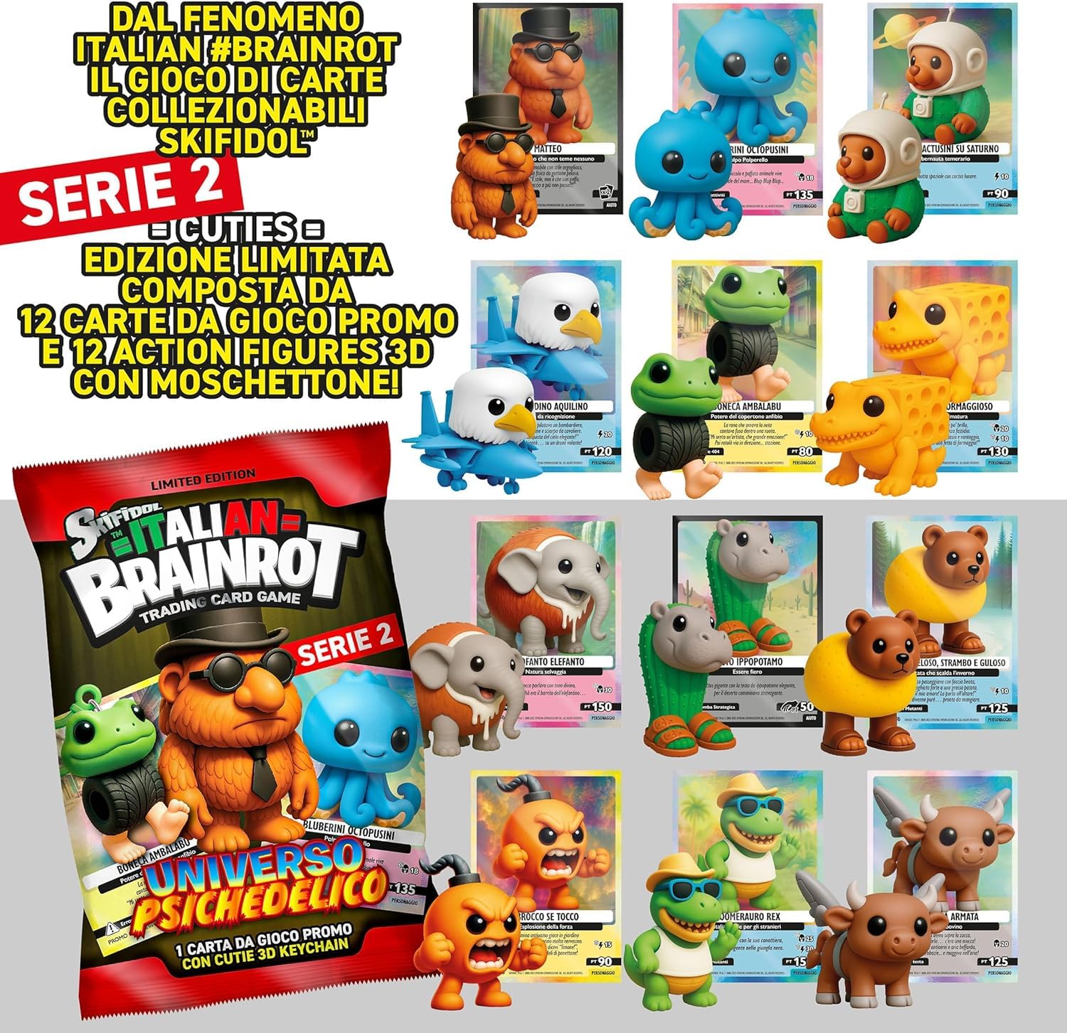 Generico Skifidol 12 Bustine Cards Olografiche+ Personaggi 3D Collezionabili | Serie Italian Brainrot Universo Psichedelico | personaggi casuali | Seconda Serie Novità!!!