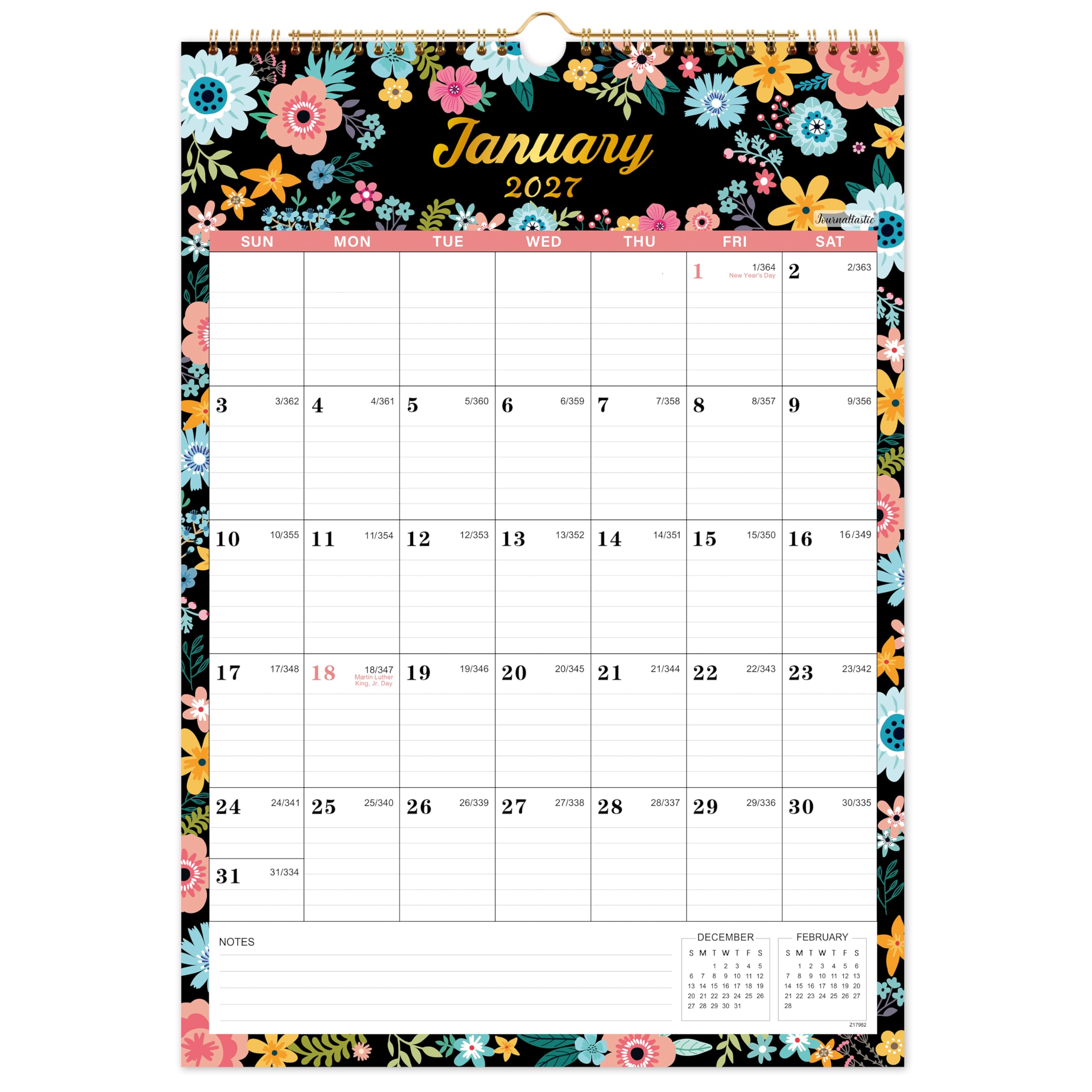 2027 Calendar - 2027 Wall Calendar, Jan. 2027 - Dec. 2027, 12" 17 x 12,  black