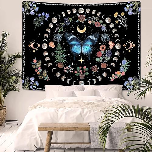 Miniatura 3 de Fowocu Tapiz de mariposa azul con flores y luna, bohemio, para dormitorio, estético, naturaleza, tapiz, para colgar en la pared, mandala botánico,