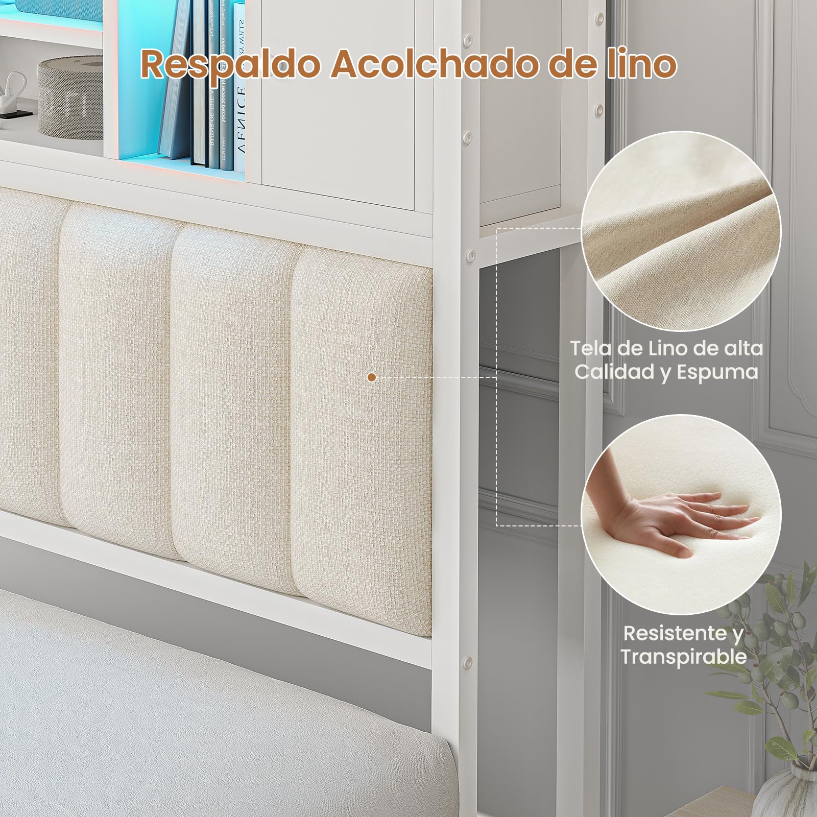 AGOLLATI Camas Matrimoniales 140x190 con Estación de Recarga y LED, Cama Canapé Hidráulica，Estructura Cama Cabecero Tapizado con 7 Compartimentos de almacenaje, Somier de Láminas de Madera, Blanco