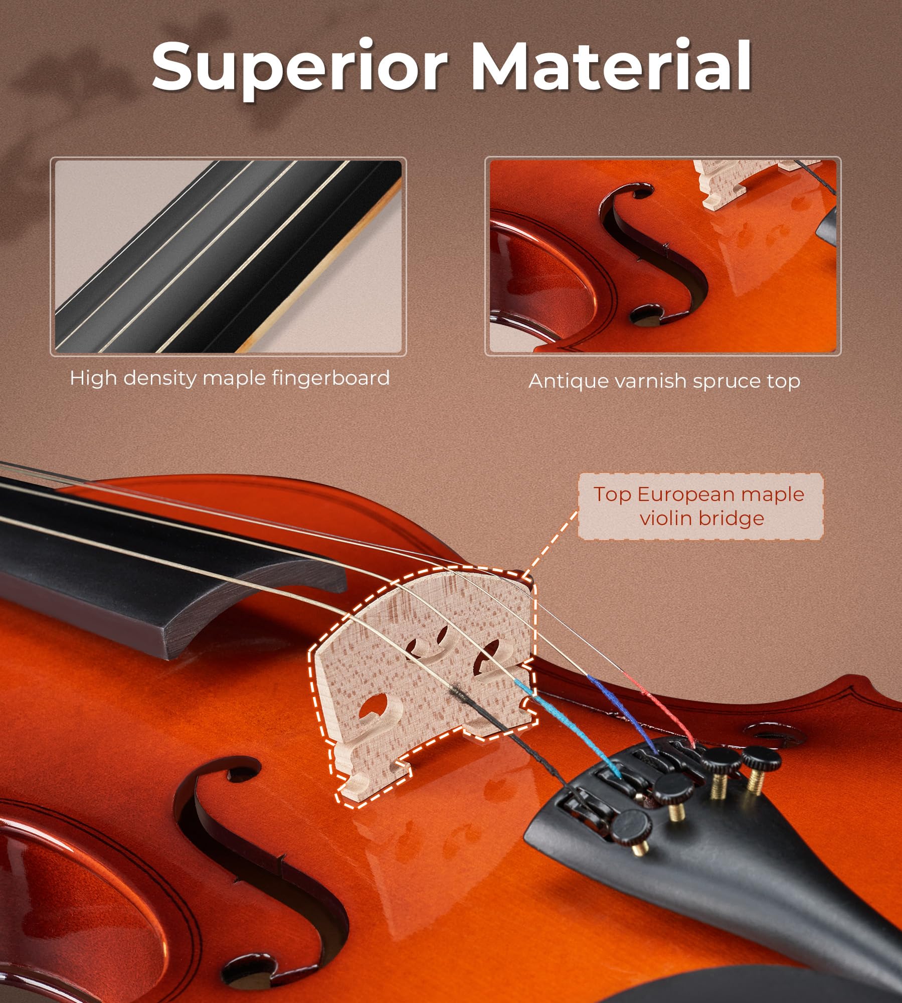 Vangoa Kit violino 4/4 di dimensioni standard per principianti, violino per bambini, adolescenti, età 9+ set di violino con custodia rigida, colofonia, arco, corda, spalliera, guida per tastiera,