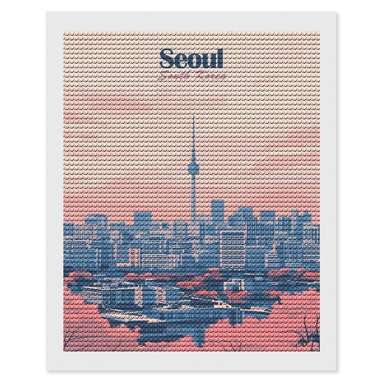 Junmoney Seoul Skyline Illustration Diamond Art Canvas 16"x20", Easy Handmade Project, Complete Accessories, Bedroom Decor, Birthday Gift