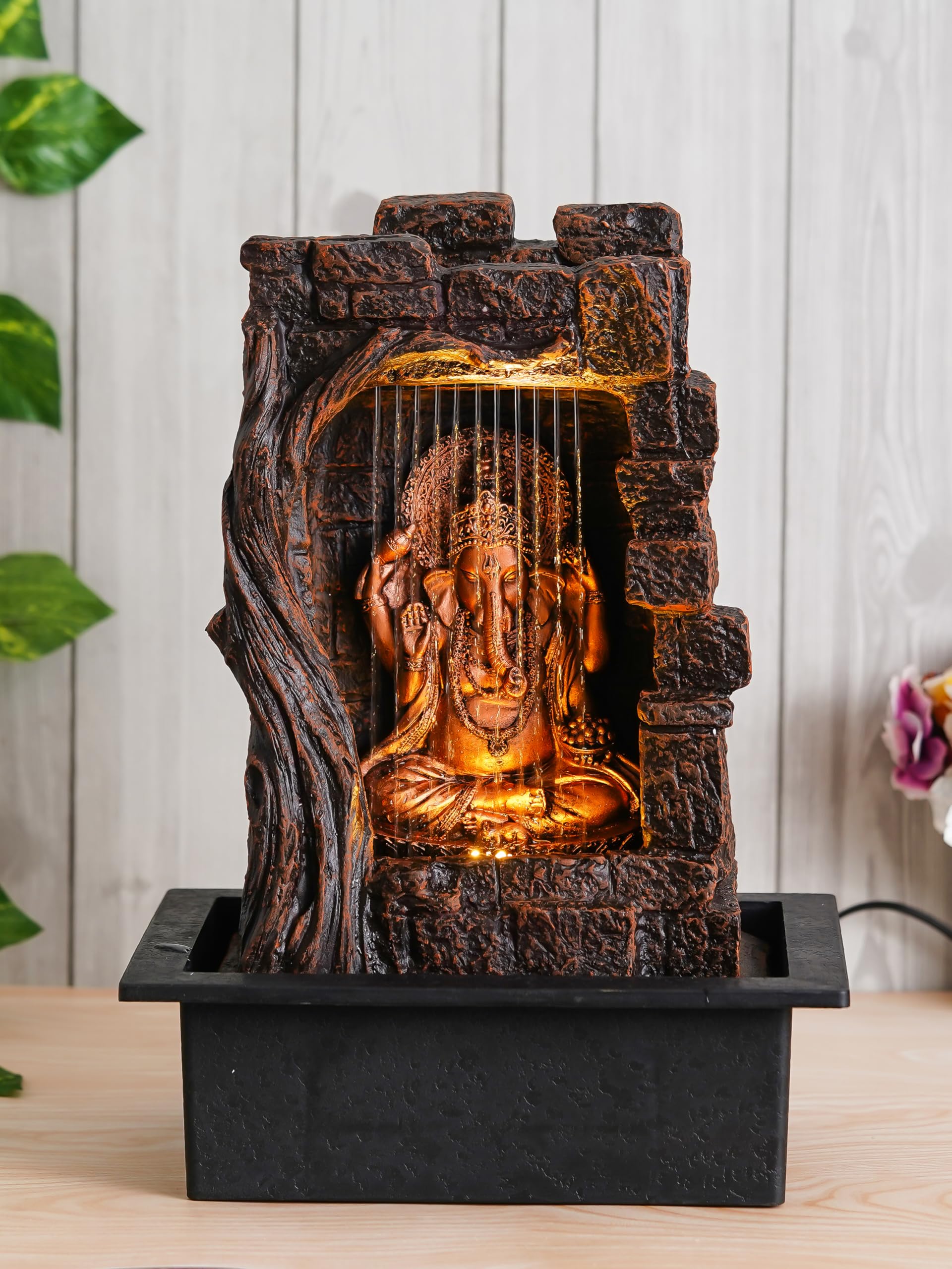 CHRONIKLE Polyresin Ganesha Idol Golden Brown Table Top Home Decor Indoor Front Curtain Waterfall Fountain With Yellow LED Lights & Speed Controller Pump ( Size: 40 x 29.5 x 22 CM | Weight: 2265 grm )-image-24