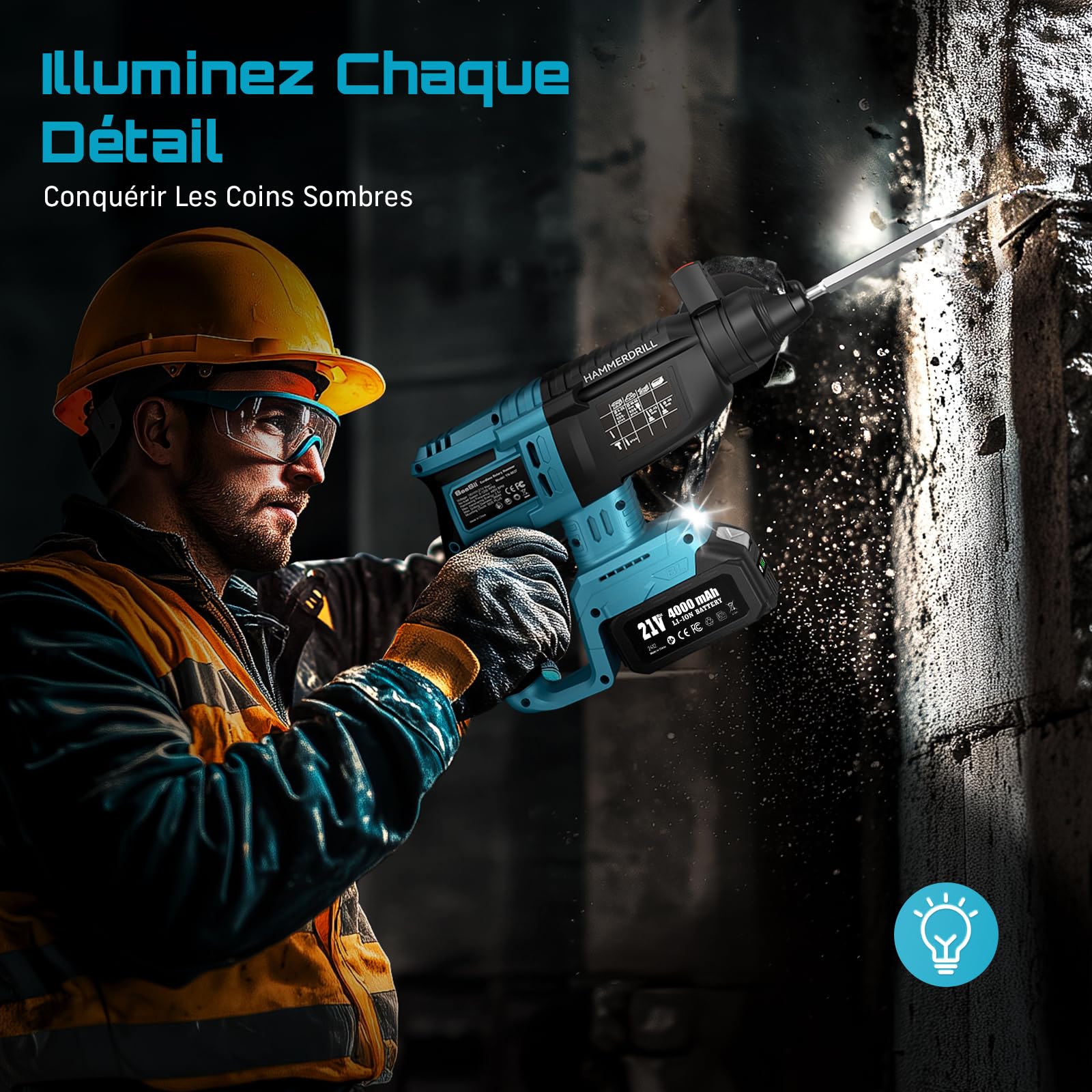 SEESII Marteau Perforateur Sans Fil: 600W, 2,5J D'Énergie D'Impact, Brushless, 3 Fonctions, SDS-PLUS, 2x 4,0Ah Batteries, Chargeur, Forets, Burins, Idéal Pour Le Bricolage Et Les Rénovations