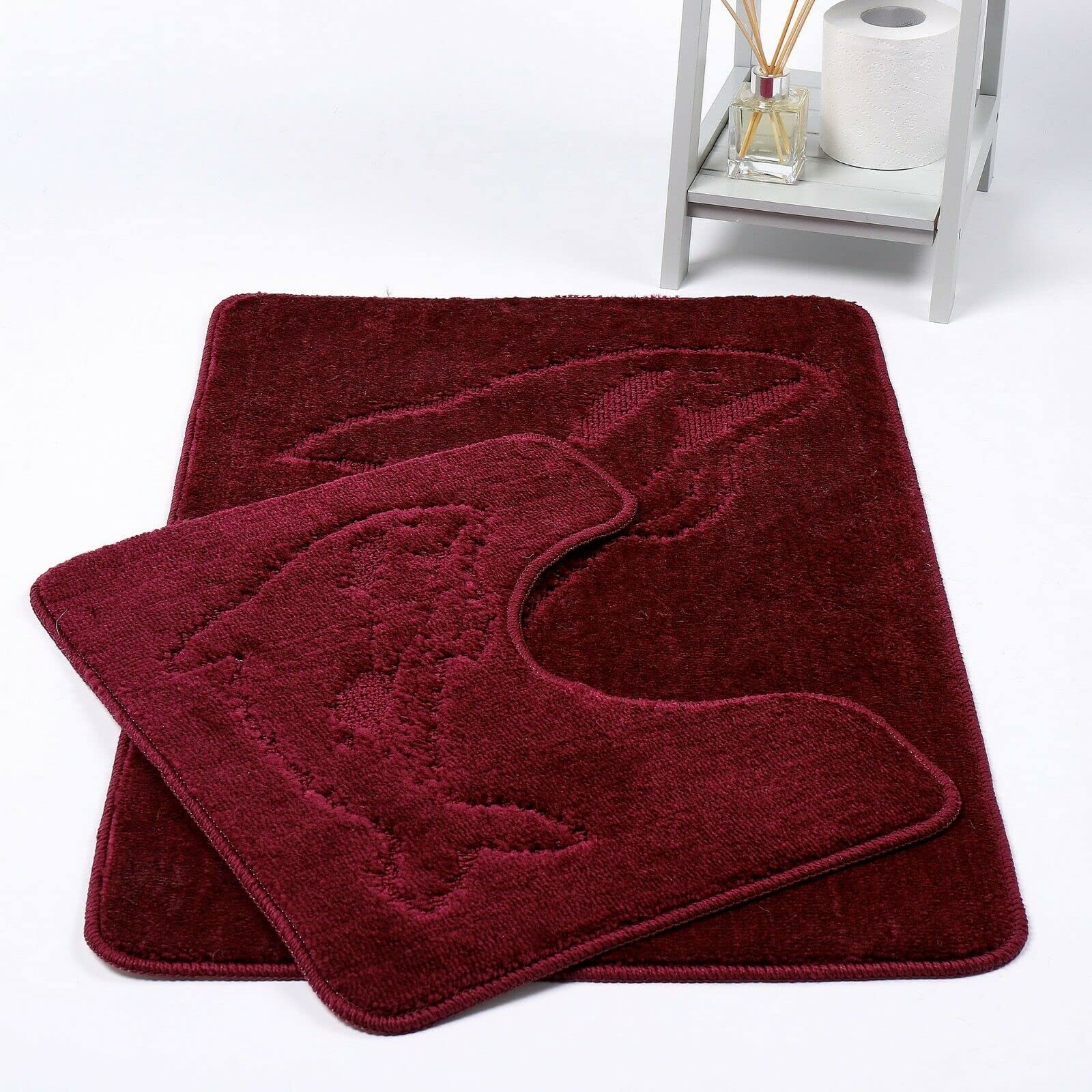 Night Zone Dolphin Bath Mats Non Slip Bathroom Mats 2 Piece Pedestal and Bath Mat Set Toilet Bathroom Rug (Burgundy)