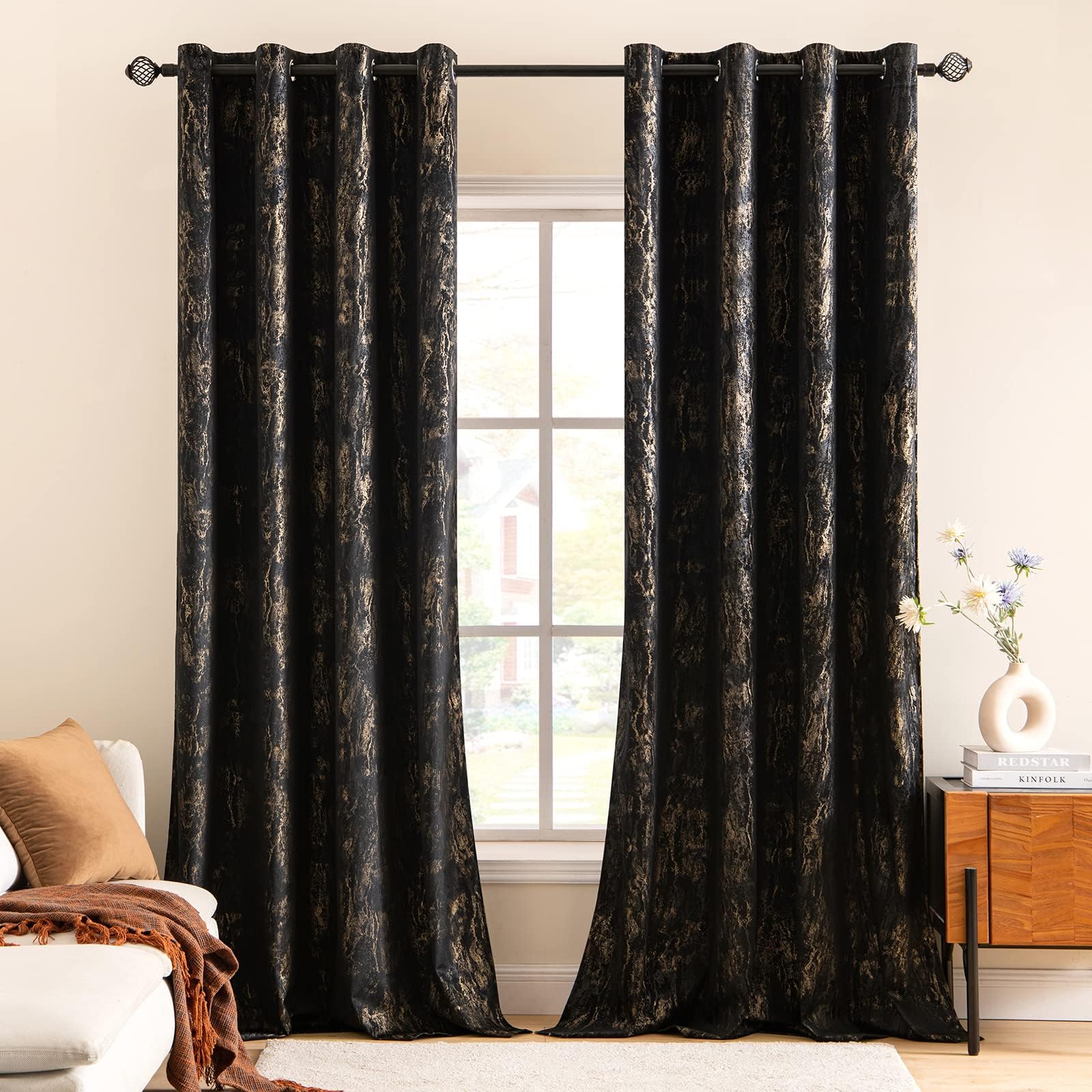 MIULEE Black Velvet Curtains with Gold Foil,2 Panel Set 90 Inch Drop Curtains,Blackout Curtains Bedroom Super Soft Thermal Insulated Eyelet Blackout Curtains for Living Room 90" W x 90" L Inch — image 1