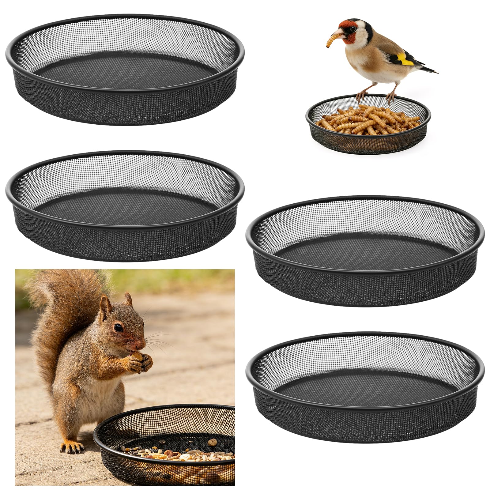 4Pcs Round Bird Feeder Tray,Metal Bird Feeding Dishes Outdoor,Sturdy Durable Ground Feeder Tray,Feeding Bowl,for Gardens,Terraces,Patios (black)