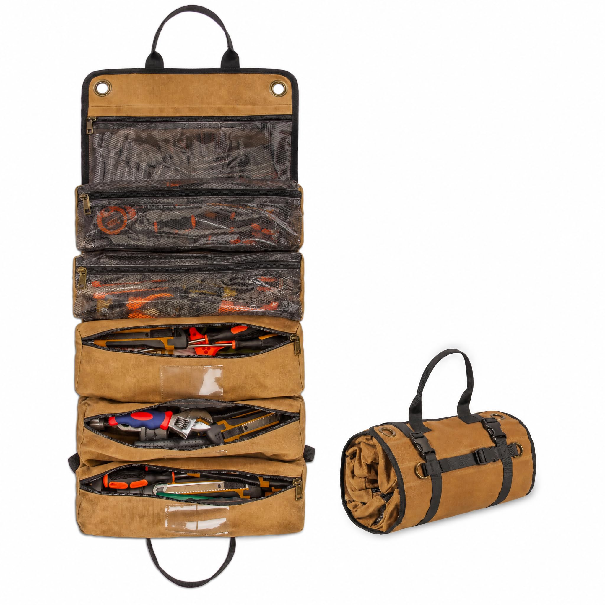 16oz Waxed Canvas Tool Roll Bag for Mechanics, Heavy Duty Roll Up Tool Organizer with 6 L…
