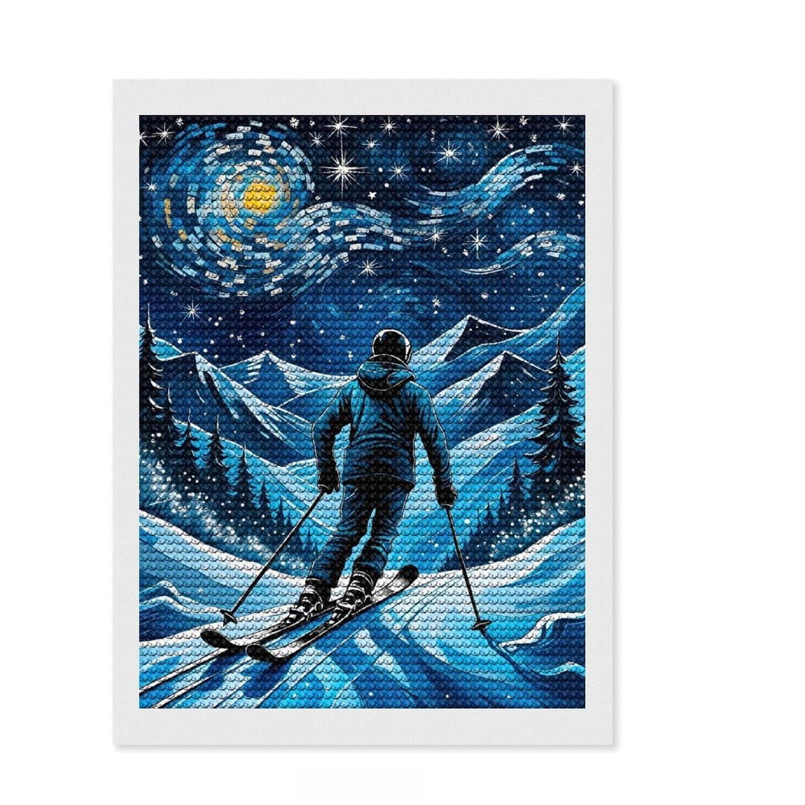 Junmoney Ski Starry Night Diamond Painting Canvas Set 12"x16", Relaxing DIY Hobby, Living Room Decor, for Teens, Holiday Gift Idea