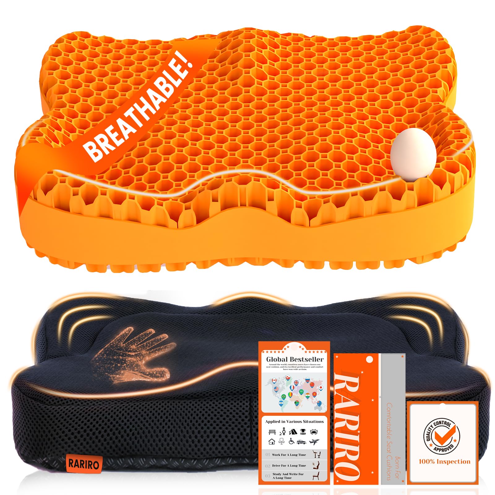 Thickened Gel Seat Cushion, Egg Gel Chair Pads for Wheelchair Pressure Coccyx Sciatica Pain Relief, Cooling Desk Seat Cushion for Kayak, Car, Office Chair Long Sitting[Orange-2.75"]