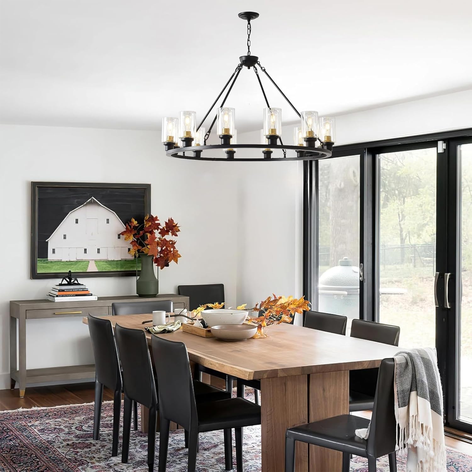 40" Large Farmhouse Black Wagon Wheel Chandelier 12 Light Rustic Wagon Wheel Light Fixture with Galss Shades Round Industrial Ceiling Hanging Pendant Light for Dining Living Room Foyer (Black-12T)