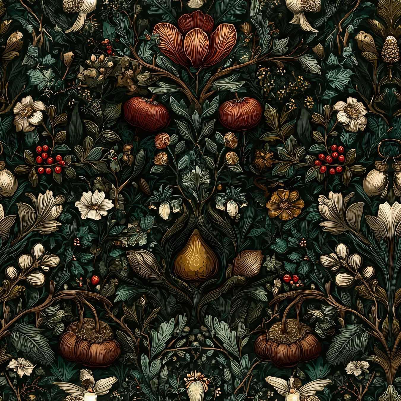 Dark Green Vintage Botanical Peel and Stick Wallpaper, Moody Forest Floral & Fruit Pattern Wallpaper Gothic Rustic Style for Home Decor | 17.7" x 236", Self-Adhesive, Waterproof Vinyl