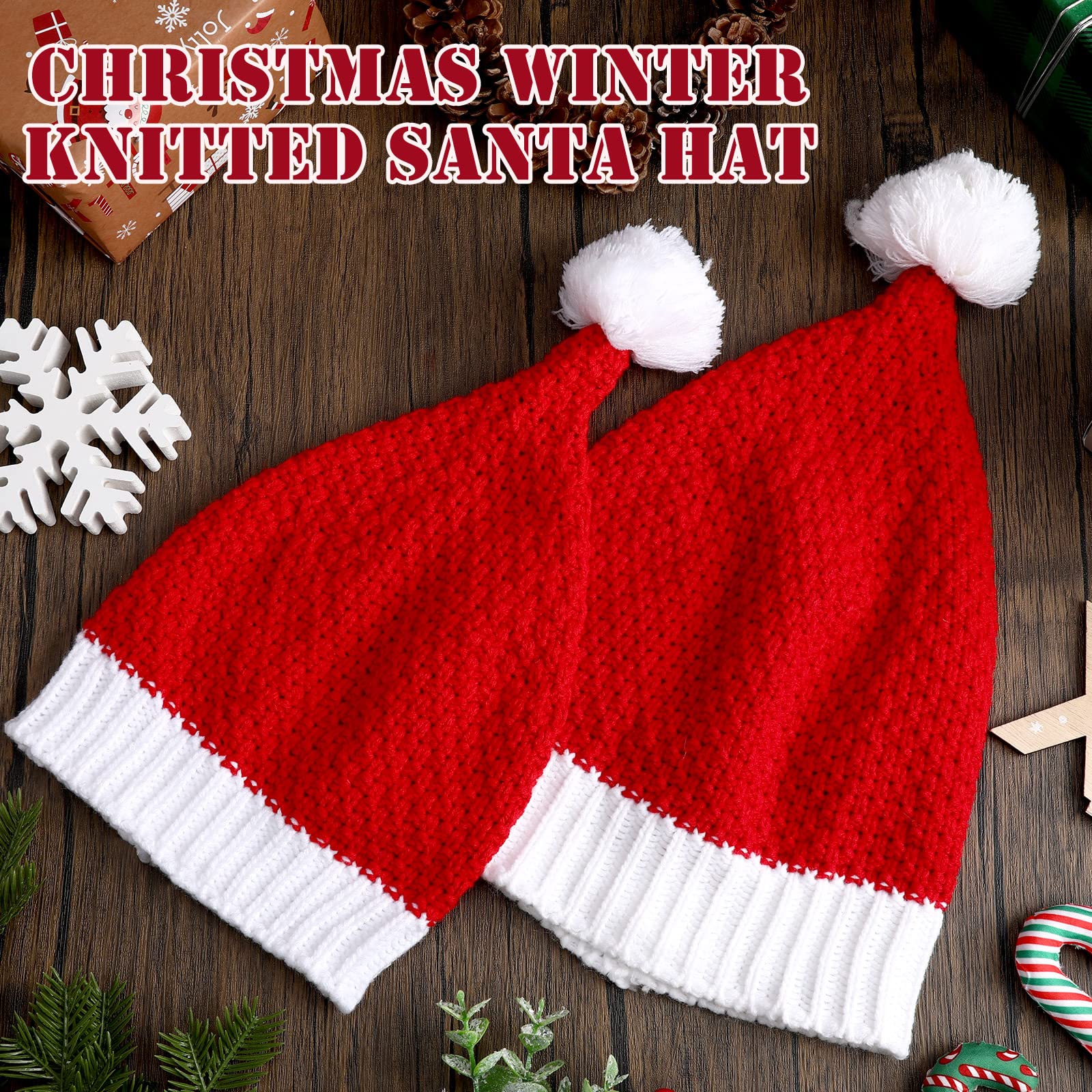 Weihnachtsmütze für die Familie, passende Weihnachtsmütze, rot und weiß, gestrickt, gehäkelt, Weihnachtsmannmütze mit Bommel, warm, für Eltern und Kinder, 4 Stück