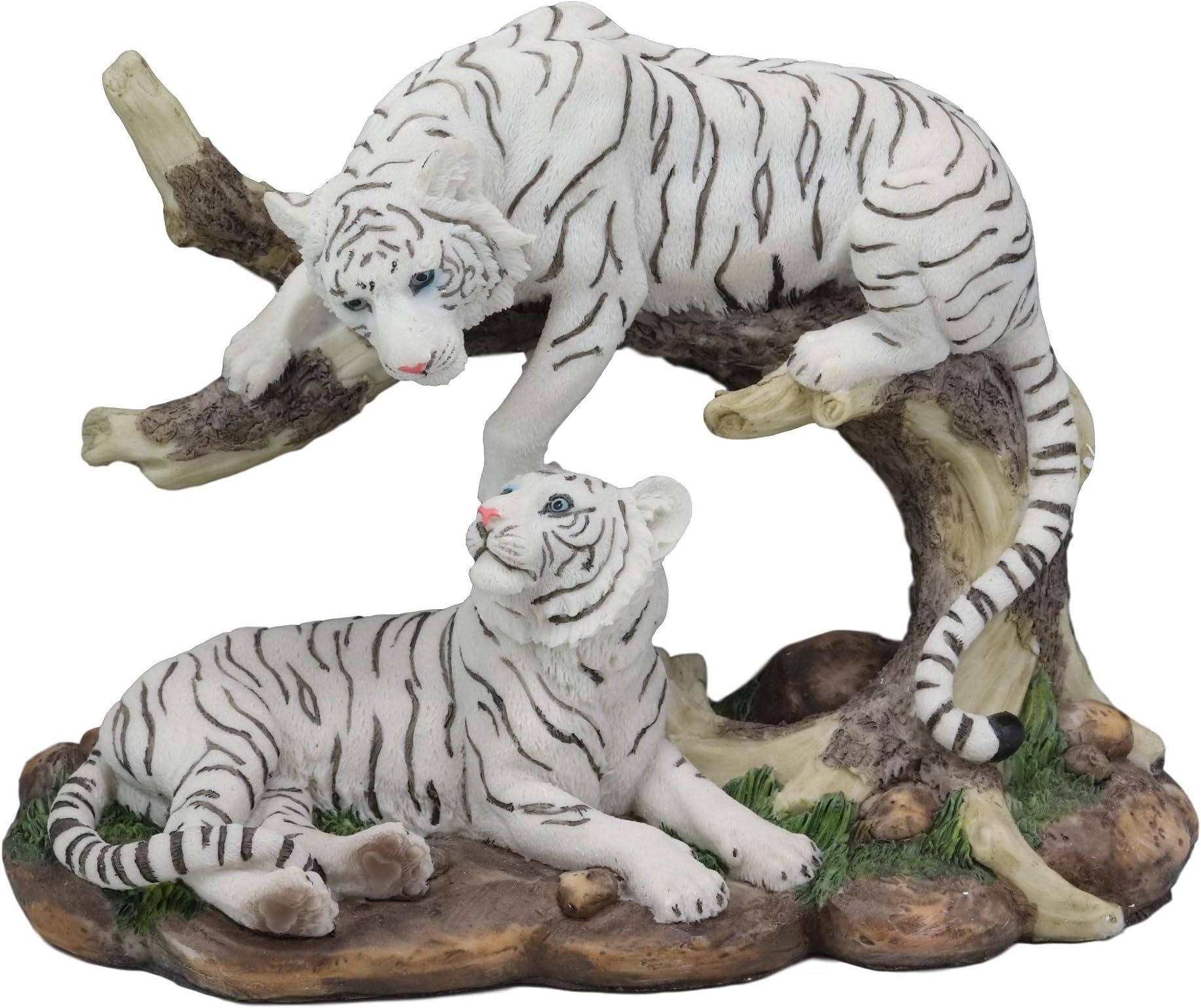 Ebros 9.25" Wide Albino Bengal White Tiger Couple Playing by Curved Tree Branch Statue As Predator Forest Tigers Giant Cats Jungle Frolic Decorative Figurine Perfect for Shelves Desktops Accent