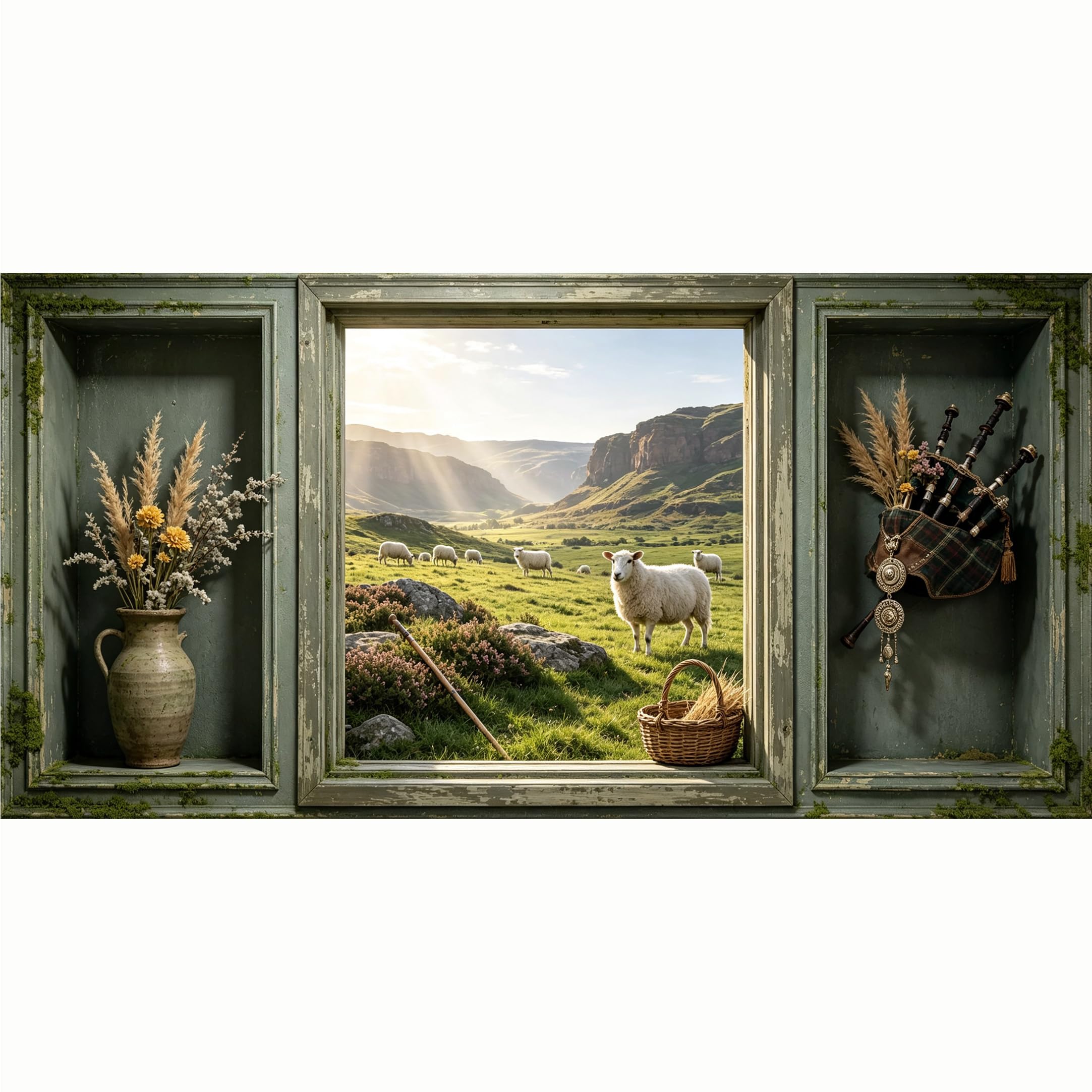 QZLITHOTIC 50x100cm 3D Framed Wall Art， Sheep Pasture Mountain Landscape Floral Bagpipe Decor Self‑Adhesive Mural， Water‑Activated Peel & Stick Fabric Decor Wall Decal for Bedroom Living Room
