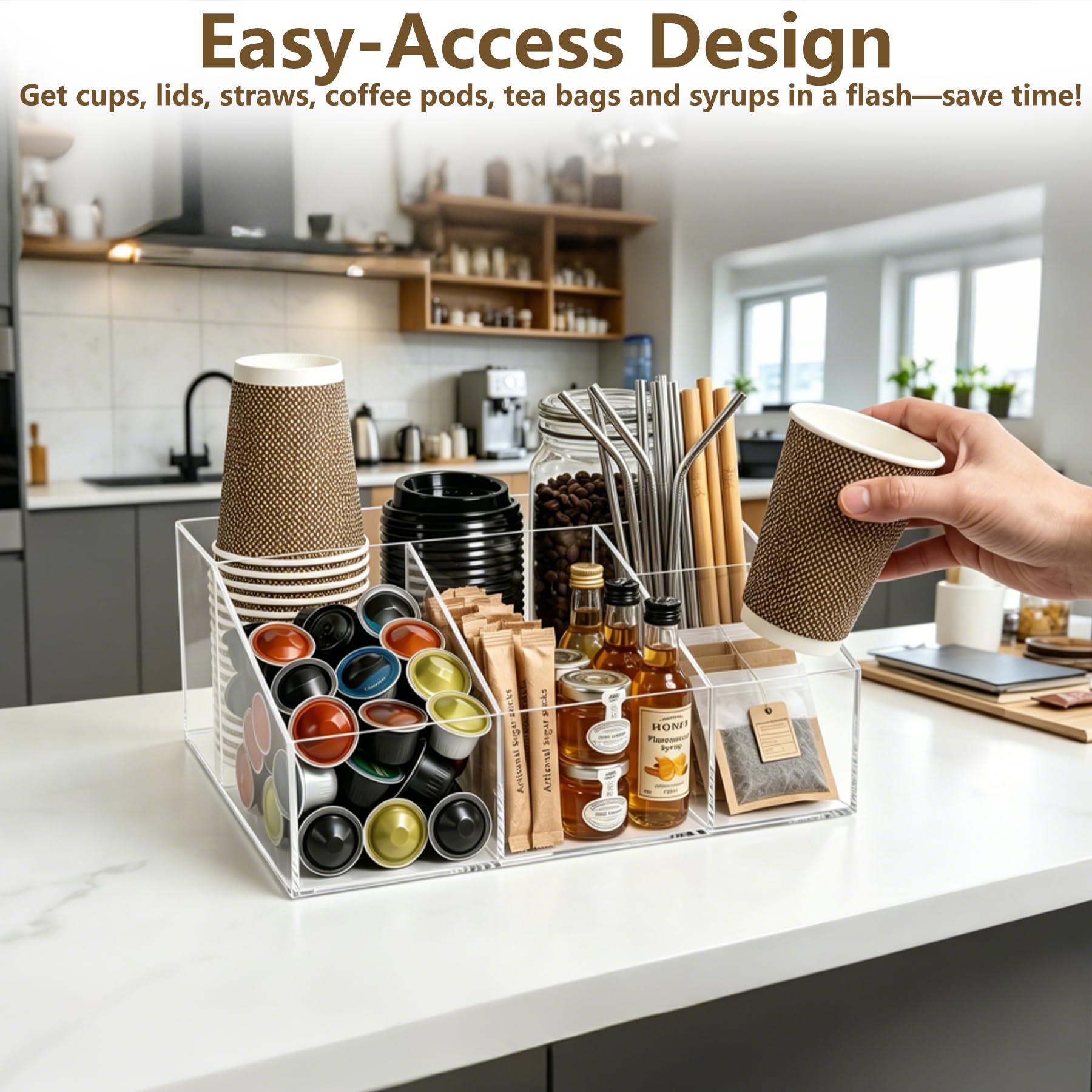 Organizer per stazioni da caffè in acrilico trasparente per piano di lavoro, 5 scomparti in acrilico, accessori e organizer, per ufficio, sala da pranzo, per cialde, sciroppo, tazze da tè, agitatori