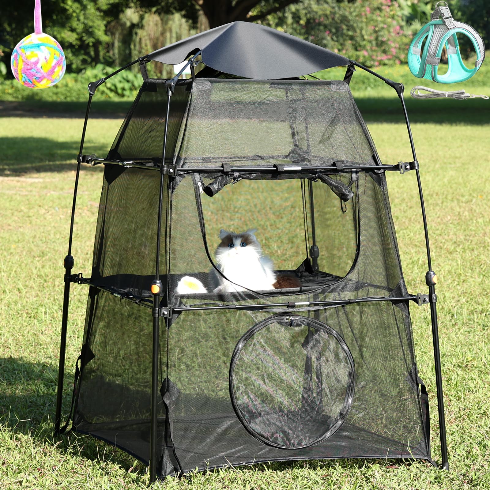 WilwolferCat Playpen Kitten Cat Tower Tent for Indoor and Outdoor, 2 Doors and 3 Tiers Breathable Mash Cat Cage Tent, with Adjustable Harness Leash, Colorful Tease Ball for Small Animal
