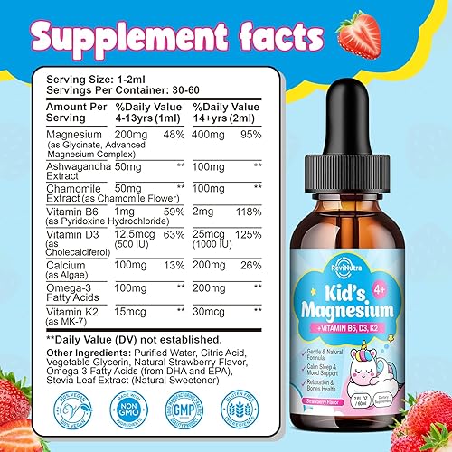 Miniatura 3 de Gotas líquidas de glicinato de magnesio para niños con omega-3, ashwagandha, vitamina B6, D3, K2, calcio y manzanilla, gotas de magnesio para